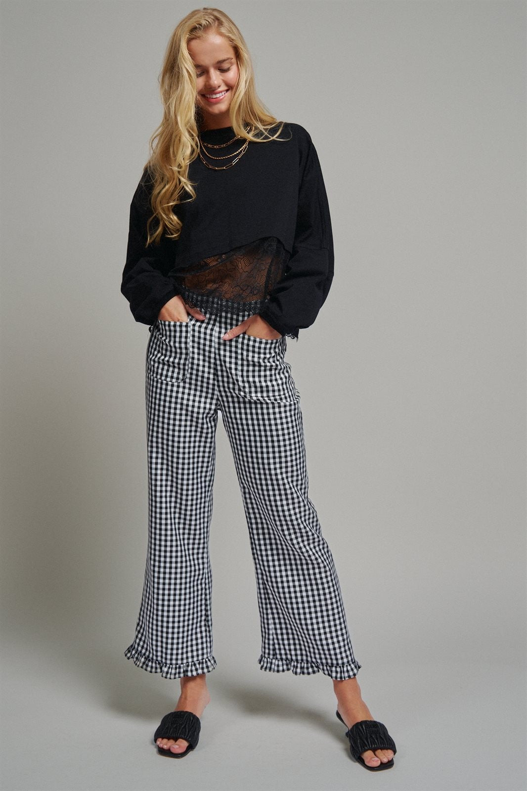 Gingham Ruffle Hem Cropped Wide Leg Pants in Brown in BLACK - Women's Casual Pants | Urban Daizy