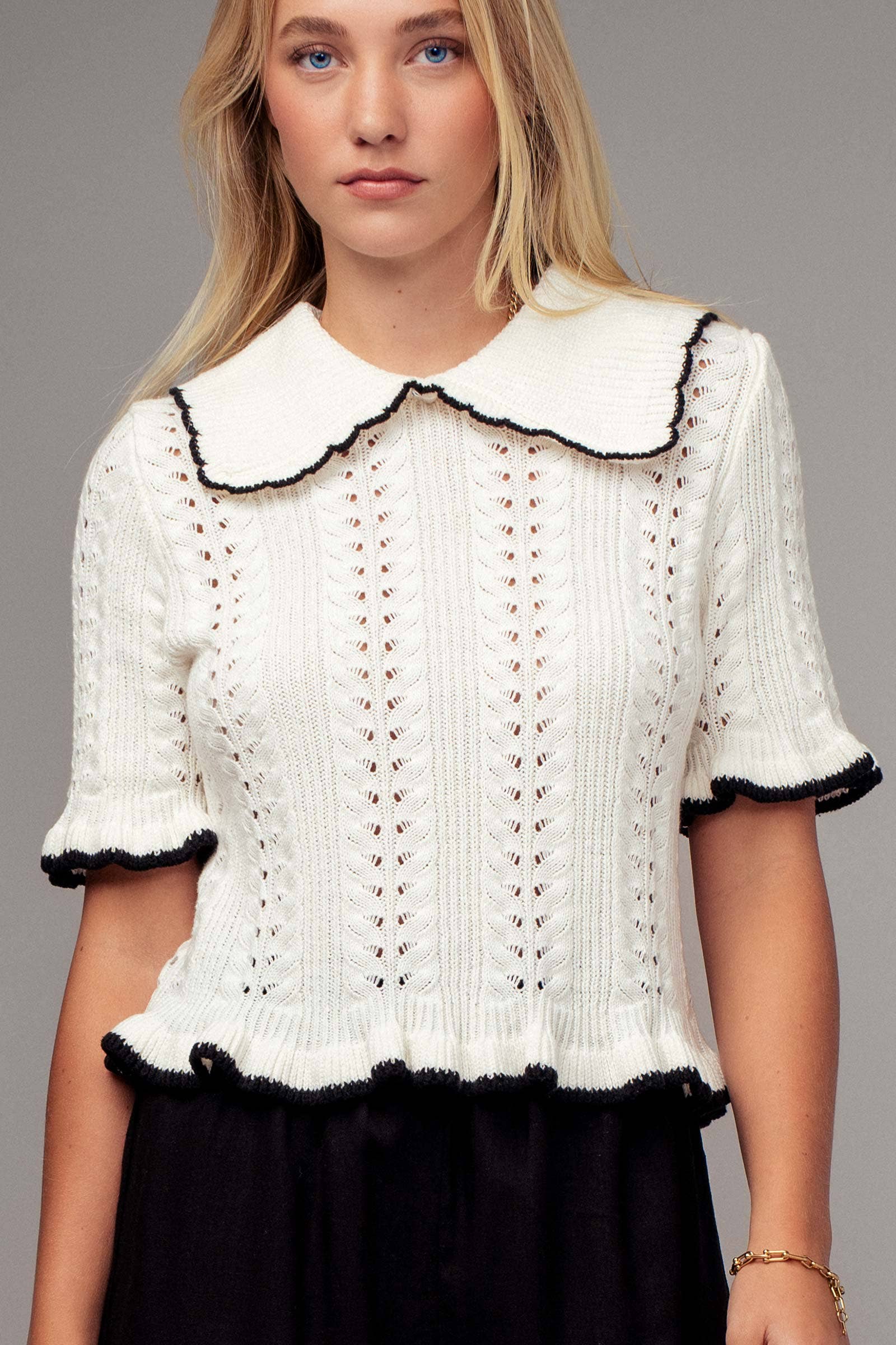 Urban Daizy Crochet Knit Ruffled Top Black Knit Top - Women's (UDZ-TP-00721) – alternate view 9