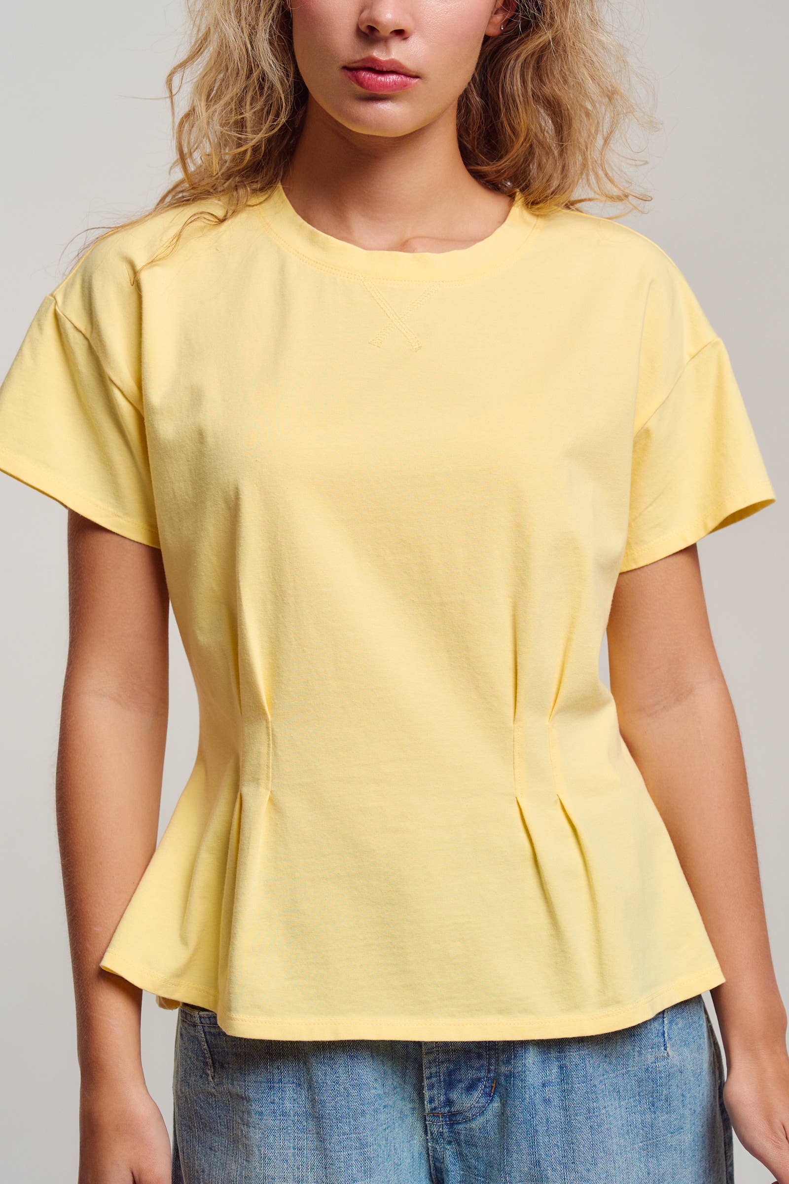 Urban Daizy Pleated Waist Cotton Spandex Everyday Tee Butter-Yellow T-Shirt - Women's (UDTP1324-Butter-Yellow) – alternate view 14
