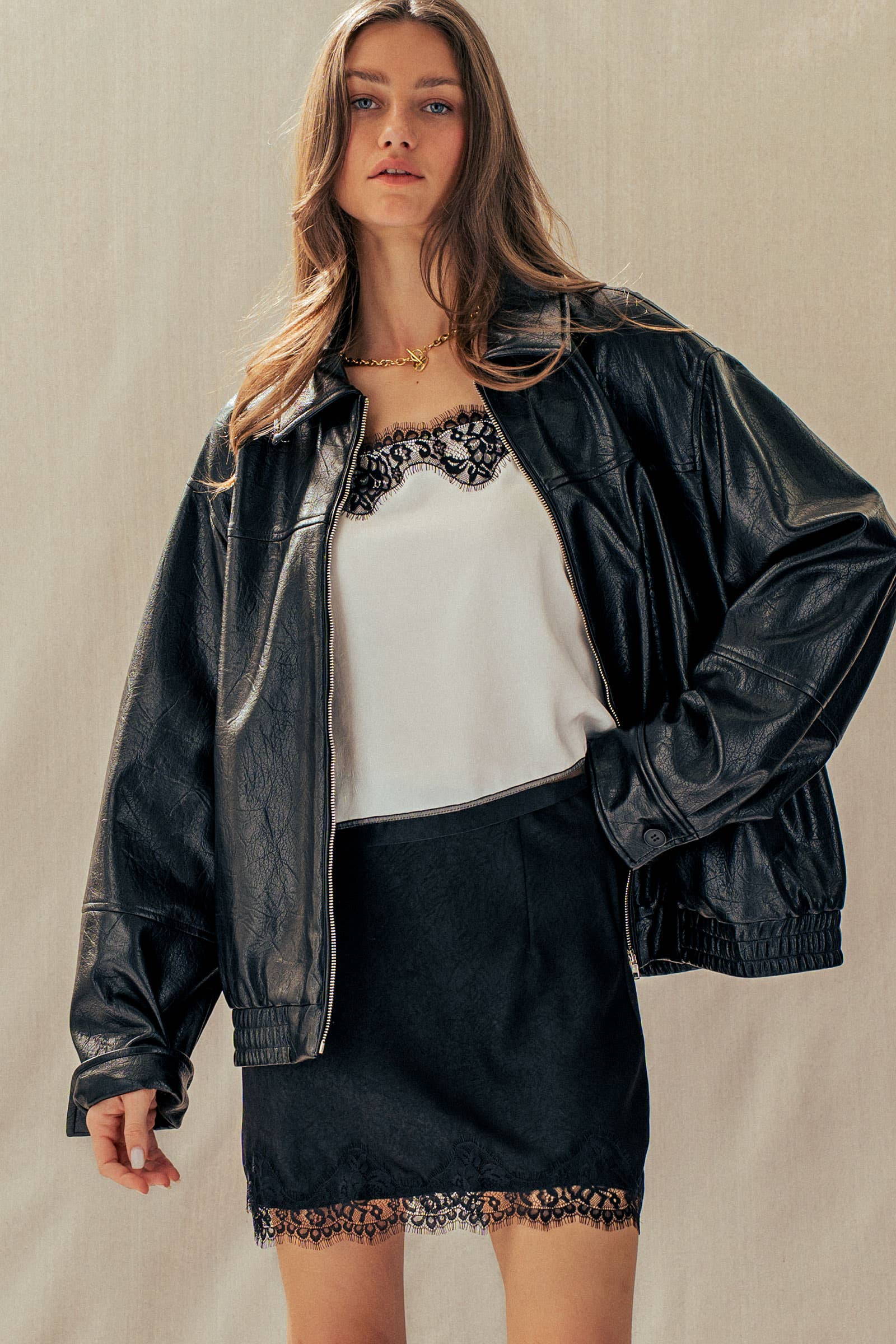 Relaxed Faux Leather Zip-Up Statement Jacket