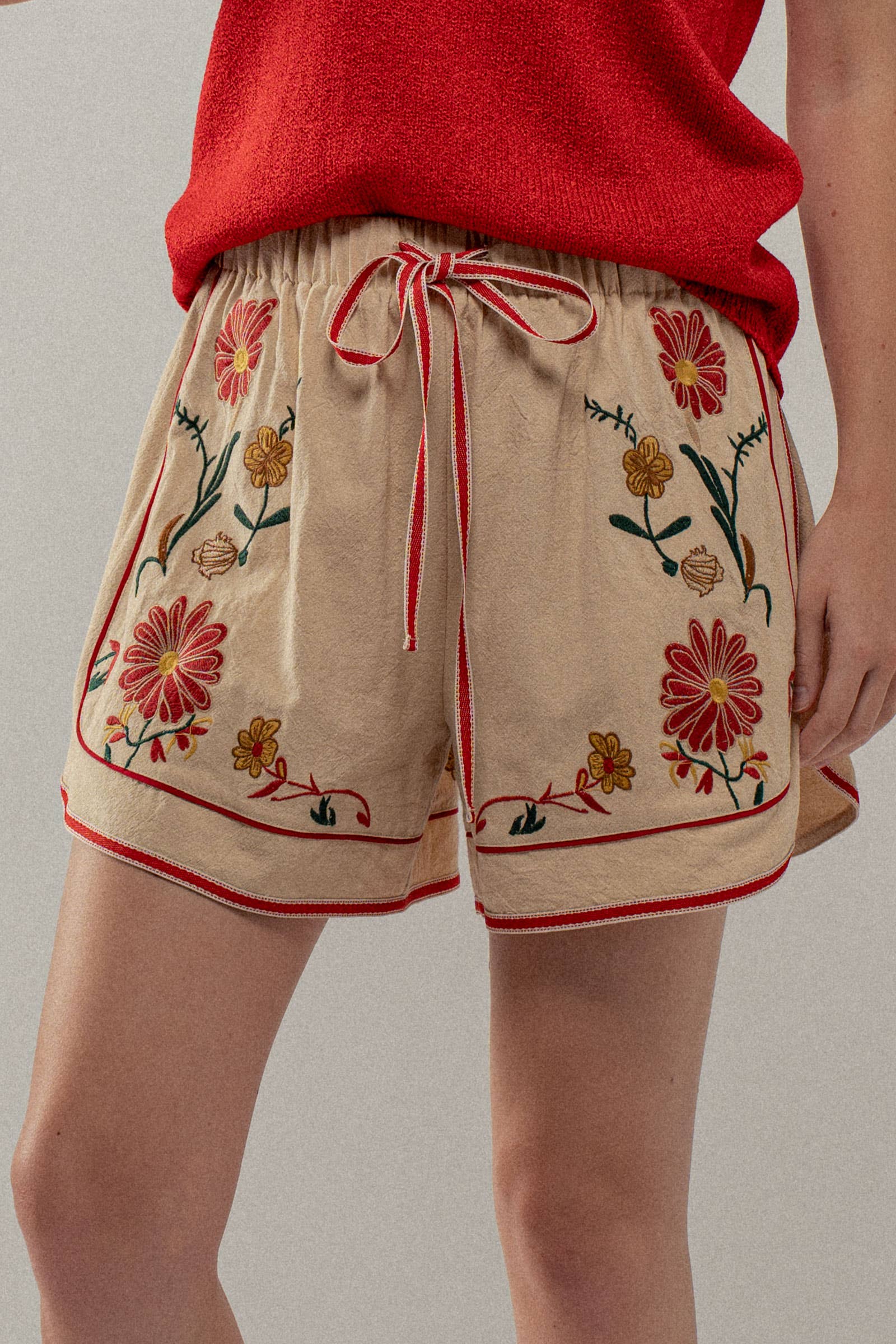 Embroidered Floral Drawstring Shorts
