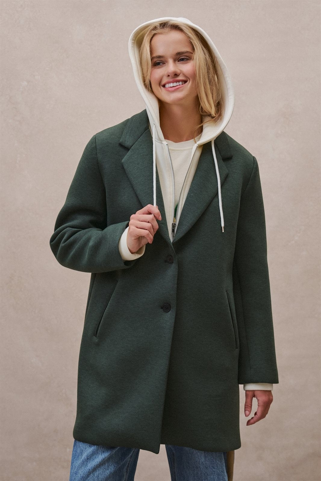 Scuba Topcoat with Detachable Hoodie in OLIVE - Women's Coats | Urban Daizy