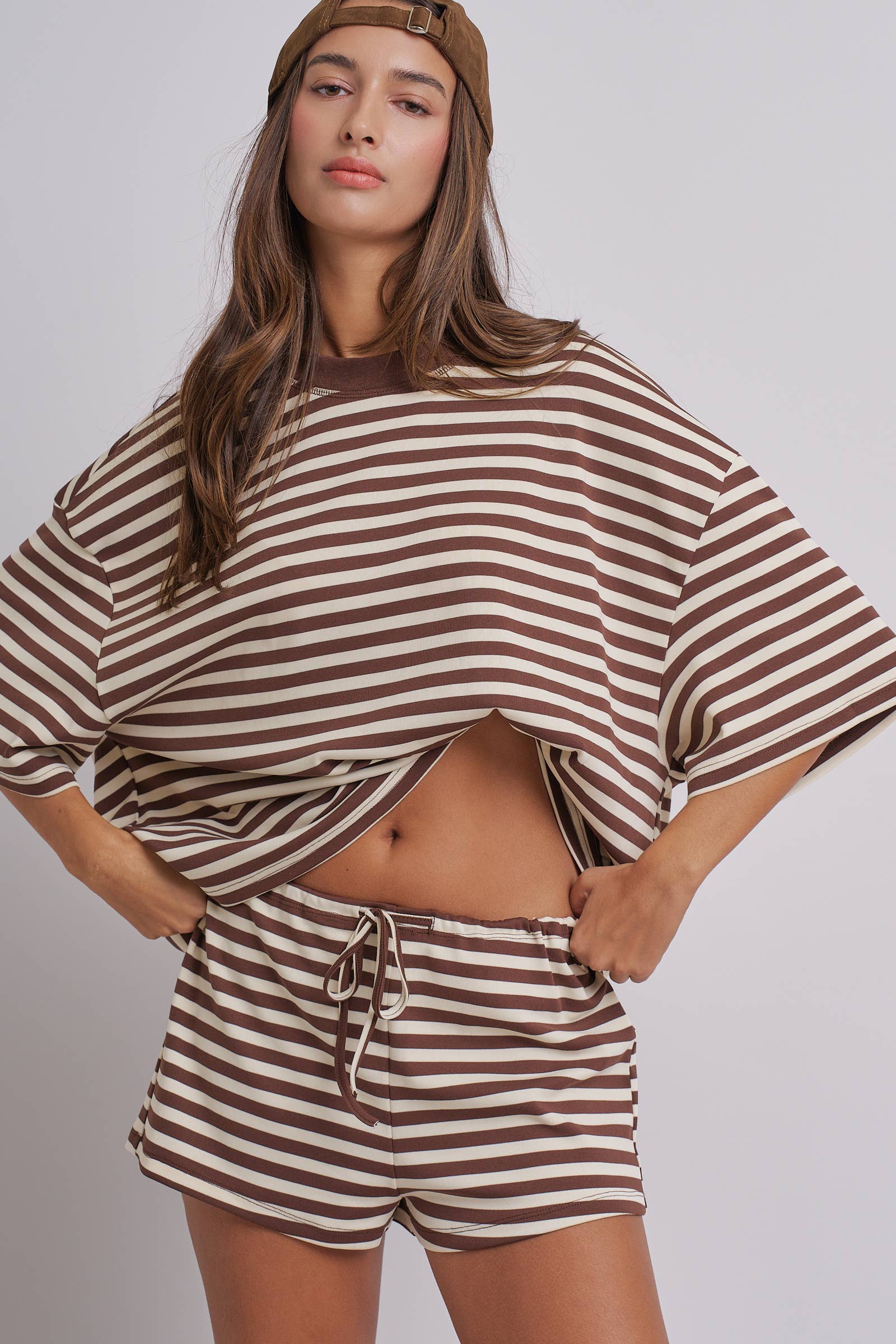 Oversized Striped Contrast Neck Boxy Tee