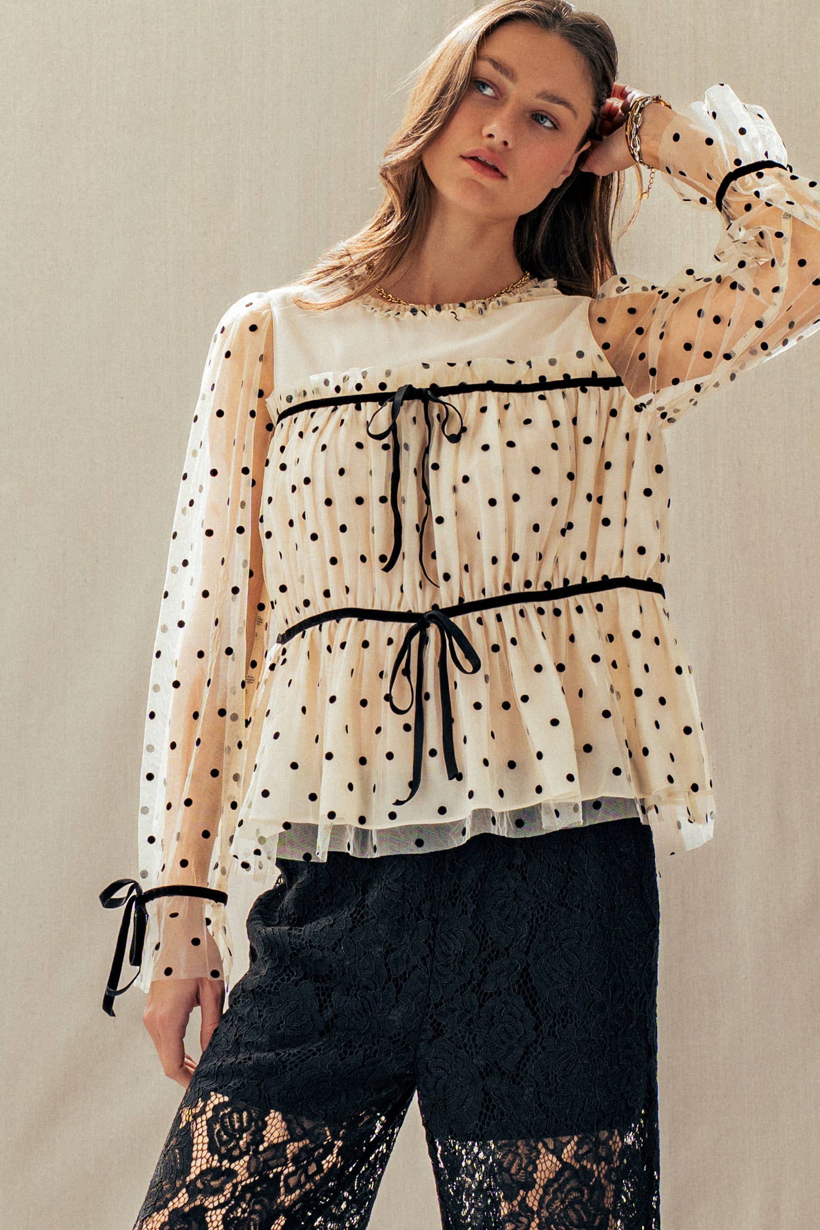 Urban Daizy Polka Dot Mesh Babydoll Top Velvet Bow Tie Ivory-Black Blouse - Women's (UDZ-TP-01052) – alternate view 10
