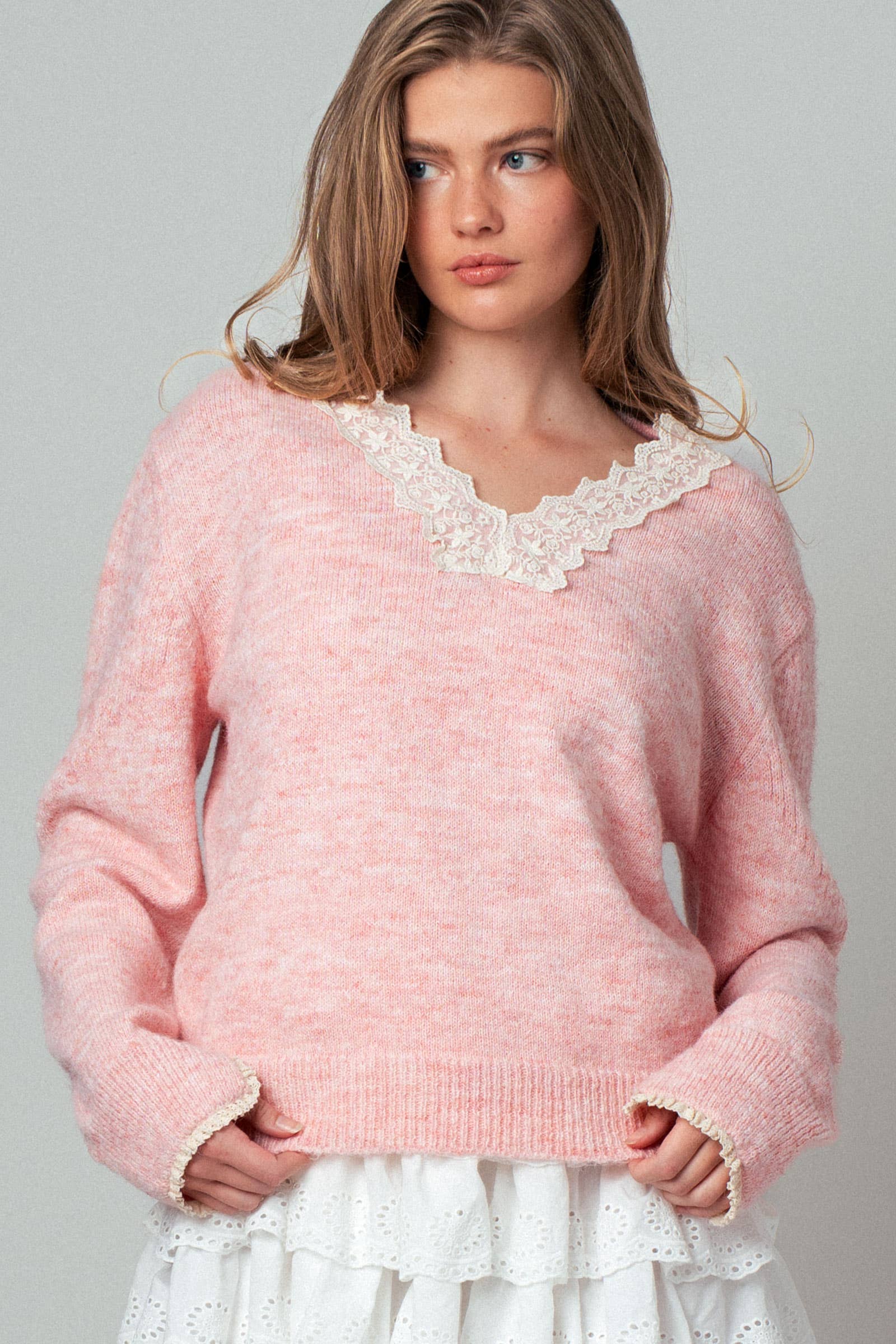 Lace Trim V-Neck Heathered Knit Sweater
