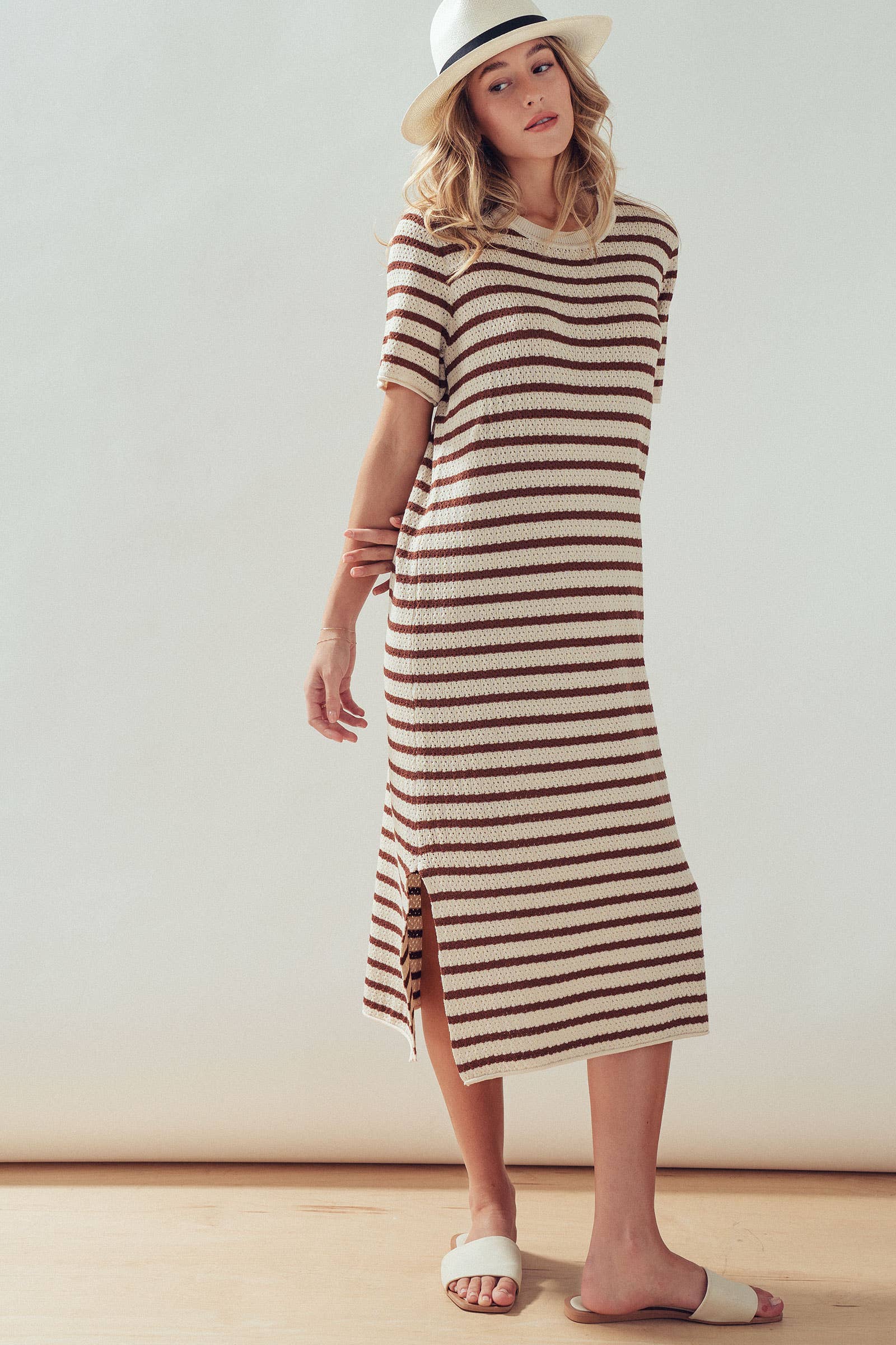 Striped Crochet Knit Short Sleeve Midi Dress