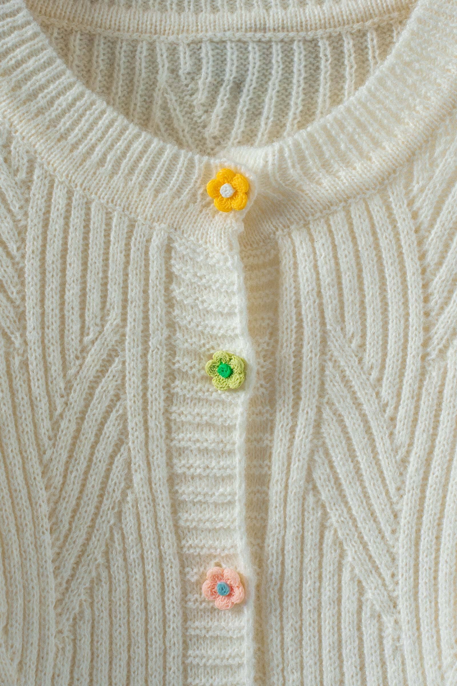 Flower Button Textured Knit Cardigan