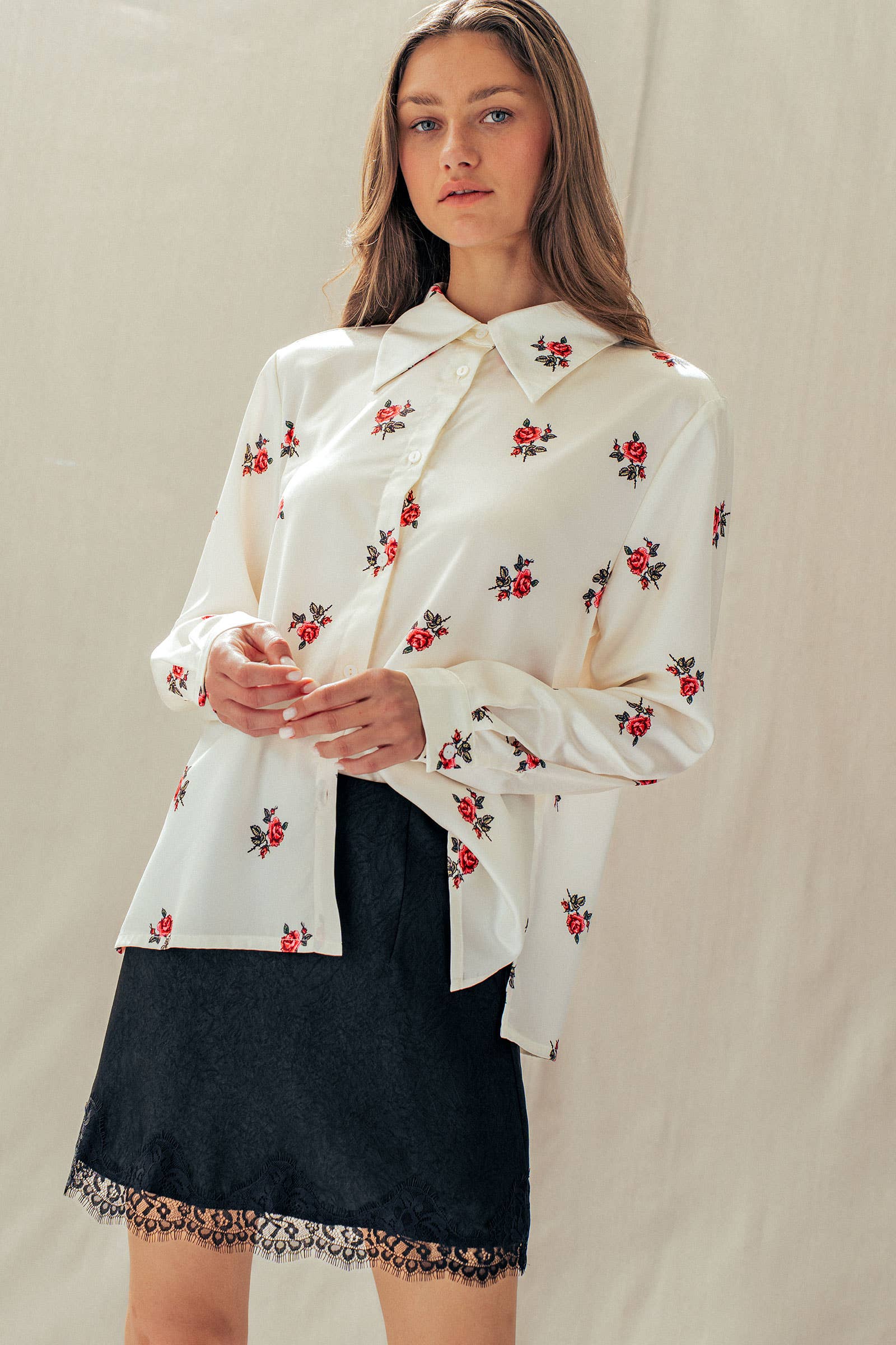 Rose Print Satin Button-Up Blouse