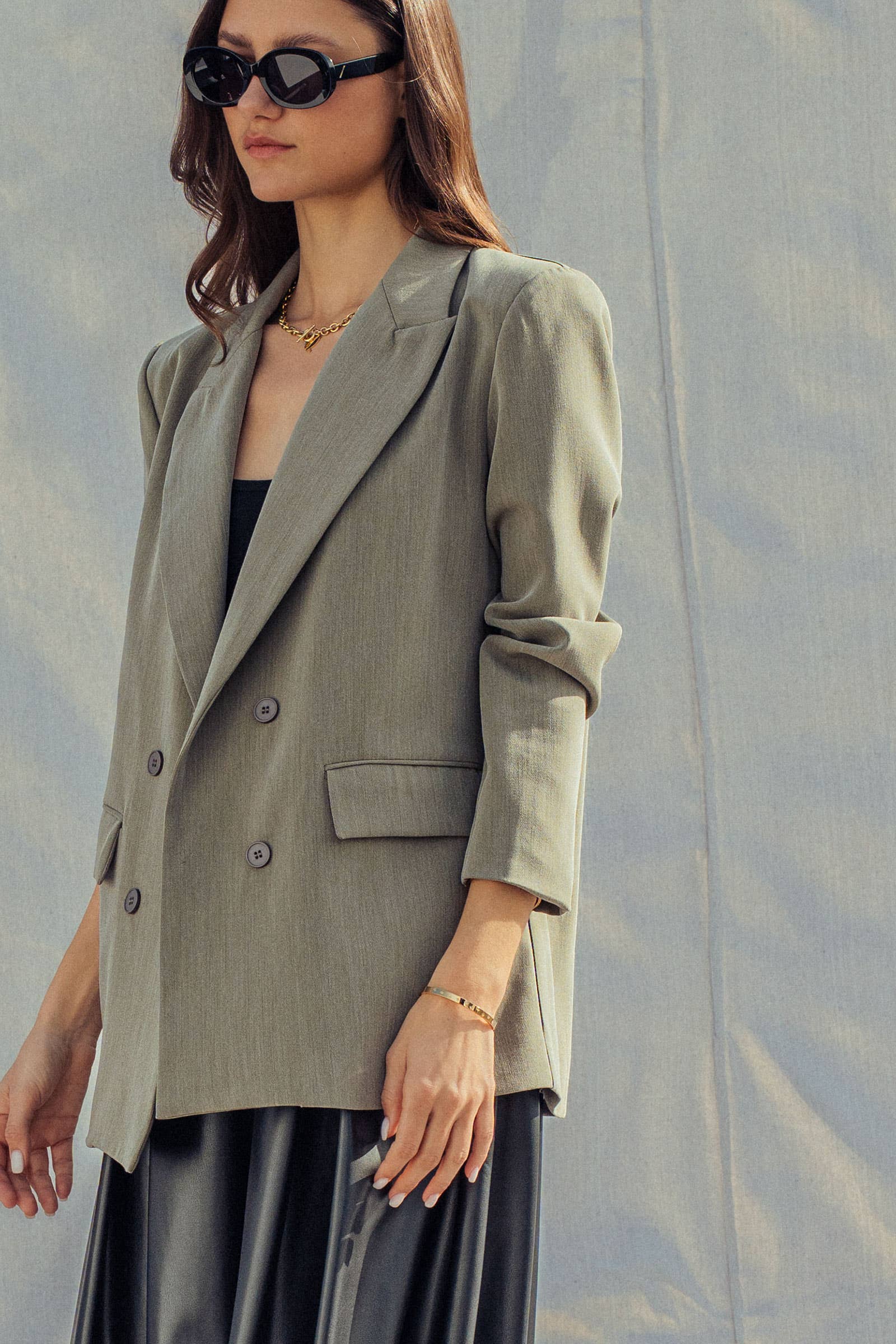 Urban Daizy Oversized Double-Breasted Notched Lapel Blazer Olive Blazer - Women's (UDZ-OT-00468) – alternate view 3