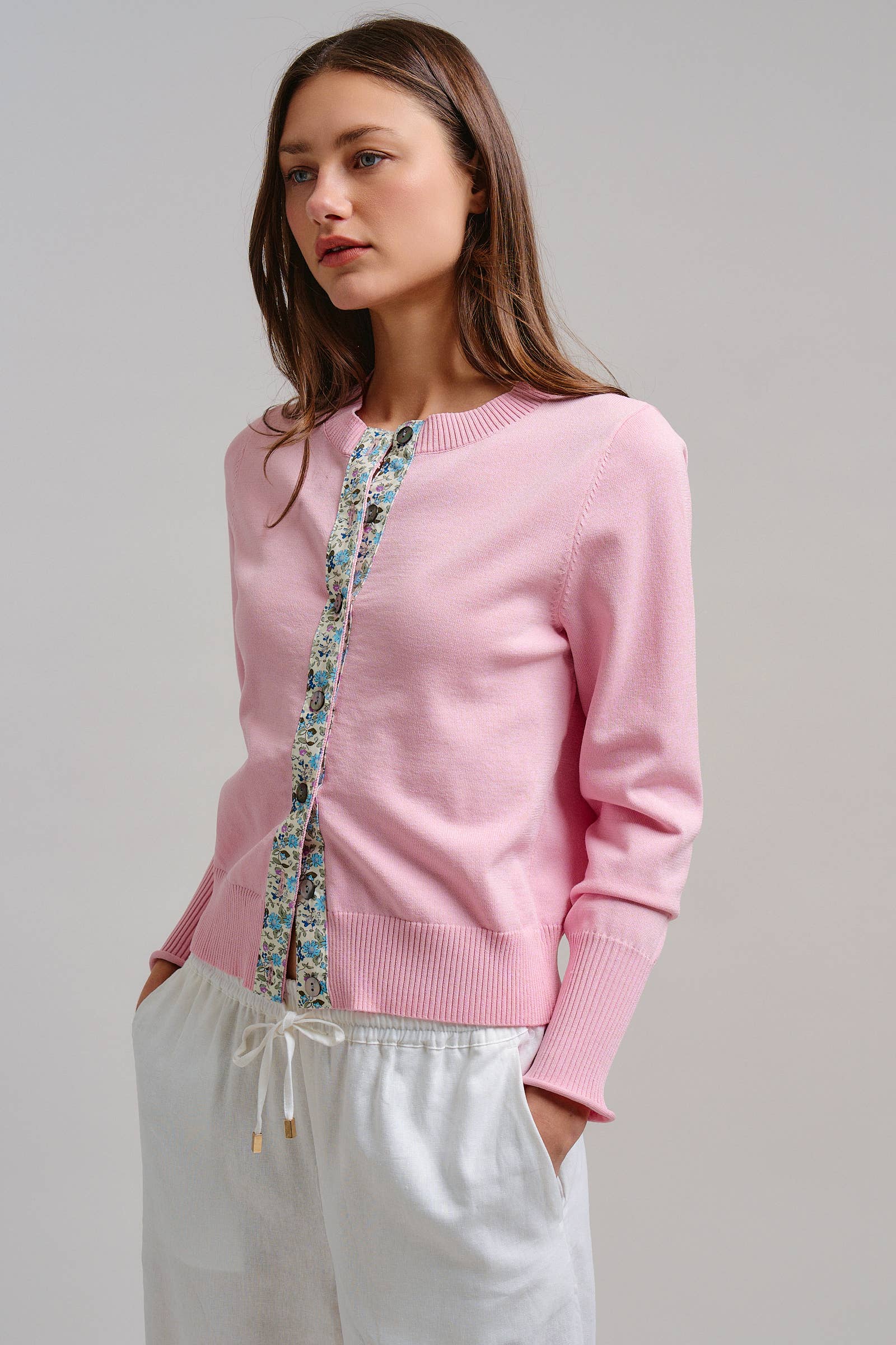Contrast Floral Detail Knit Button Cardigan