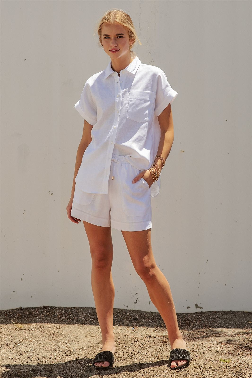Coastal Ease Linen Short Sleeve Shirt in WHITE - Women's Tops | Urban Daizy