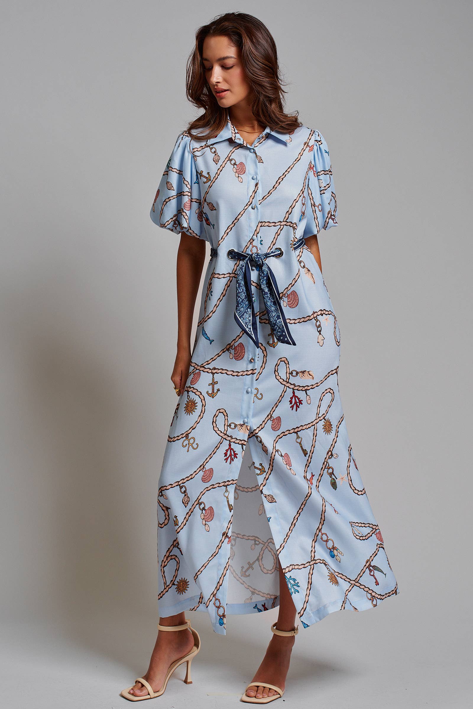 Nautical Motif Puff Sleeve Shirt Dress