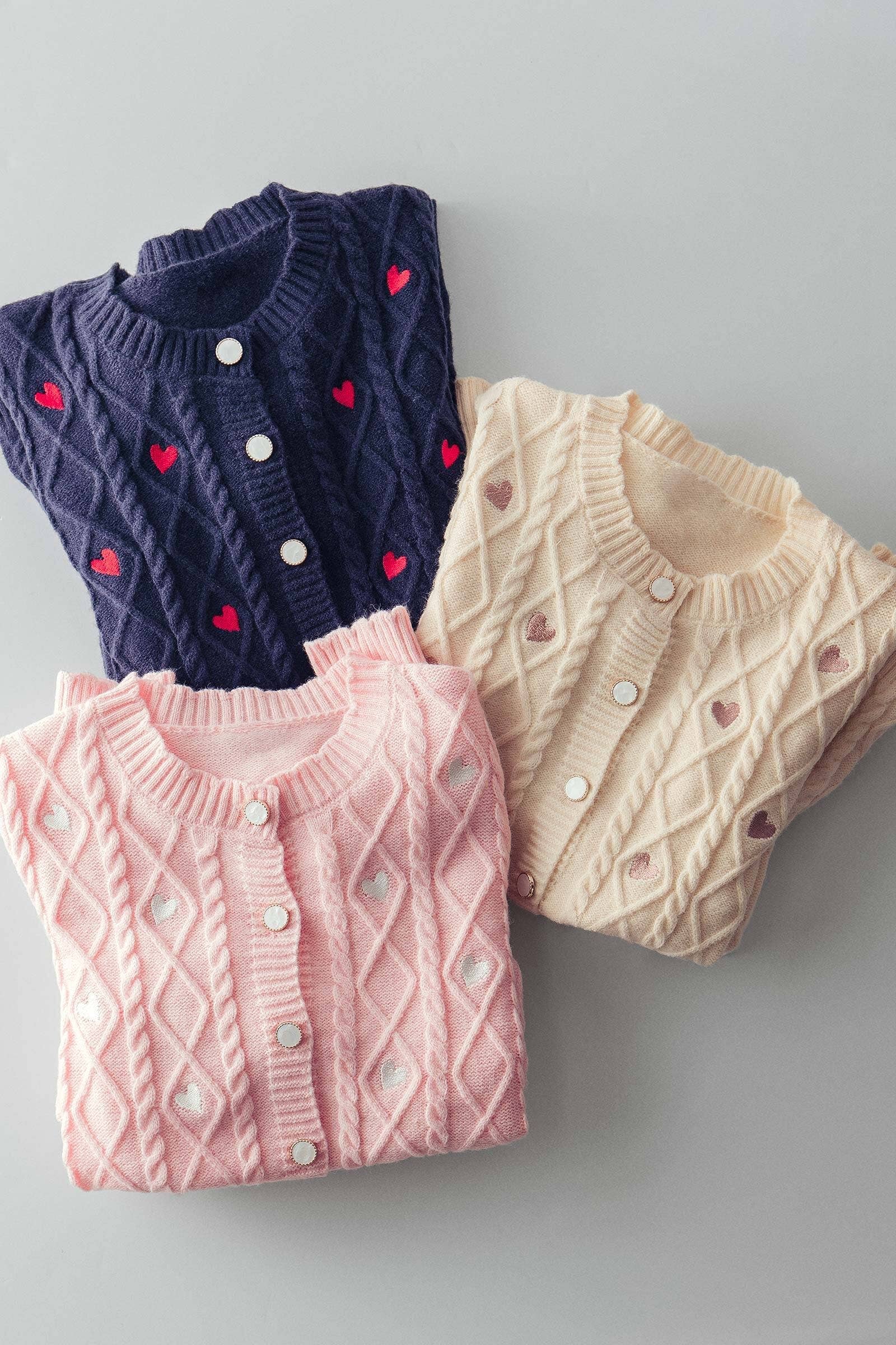 Cable Knit Heart Embroidered Cardigan