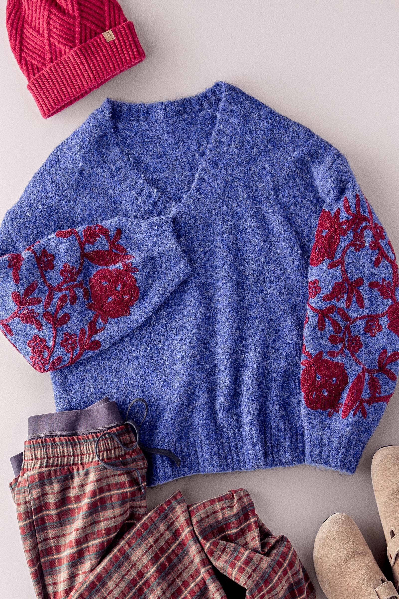 Romantic Floral Embroidered V-Neck Sweater