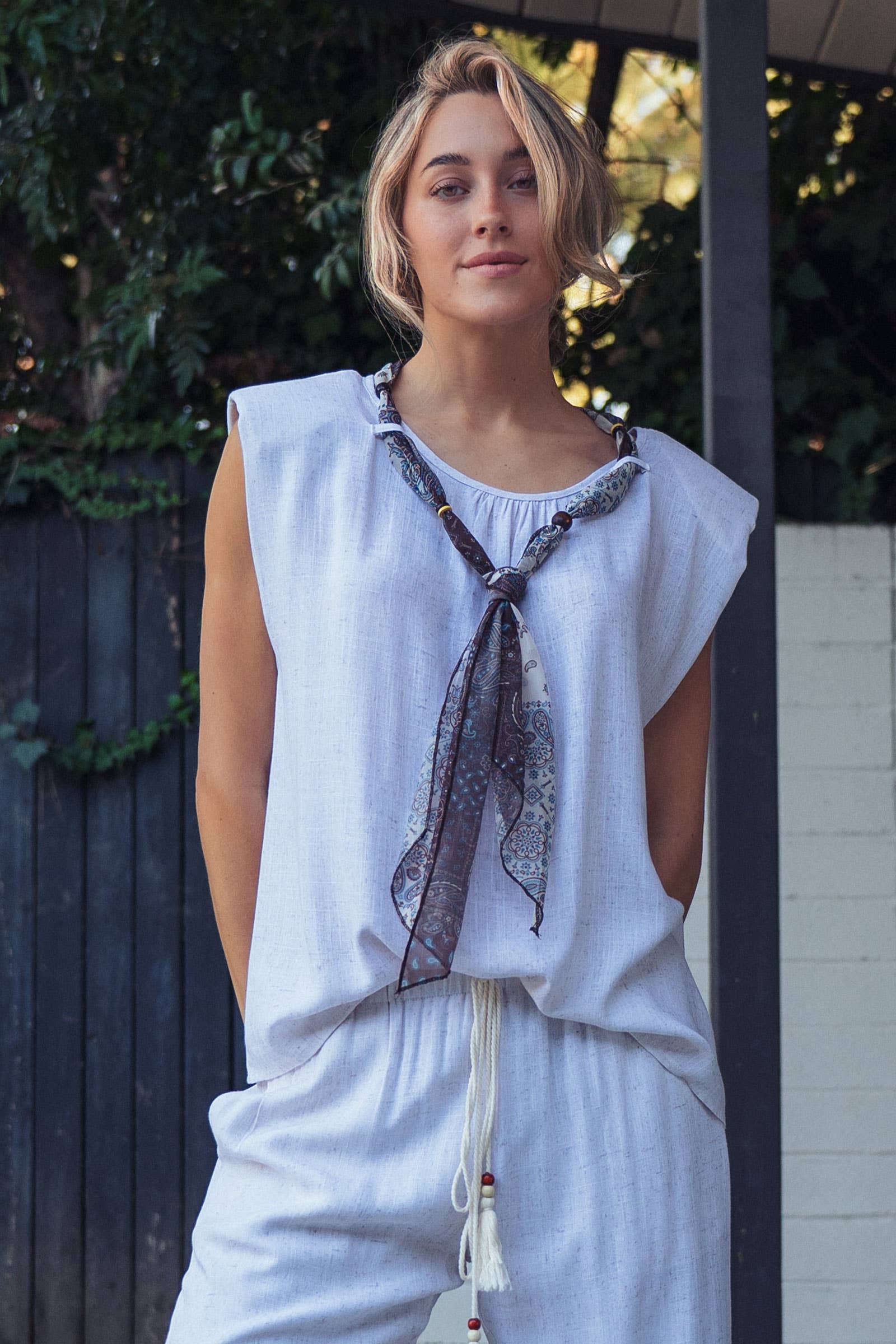 Paisley Scarf Tie Linen Blend Muscle Top