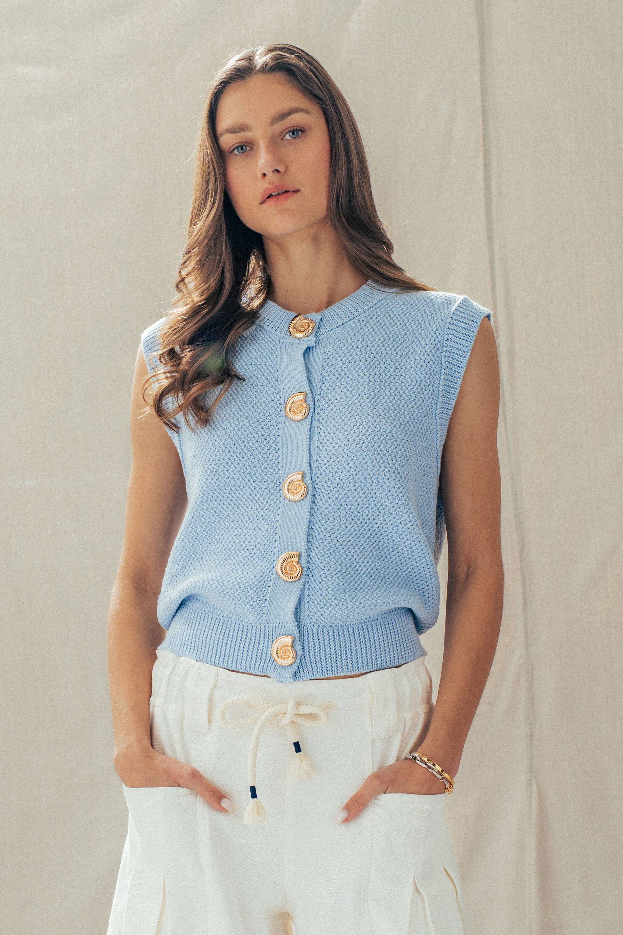 Urban Daizy Textured Knit Vest Seashell Buttons Blue Sweater Vest - Women's (UDZ-KN-01049)