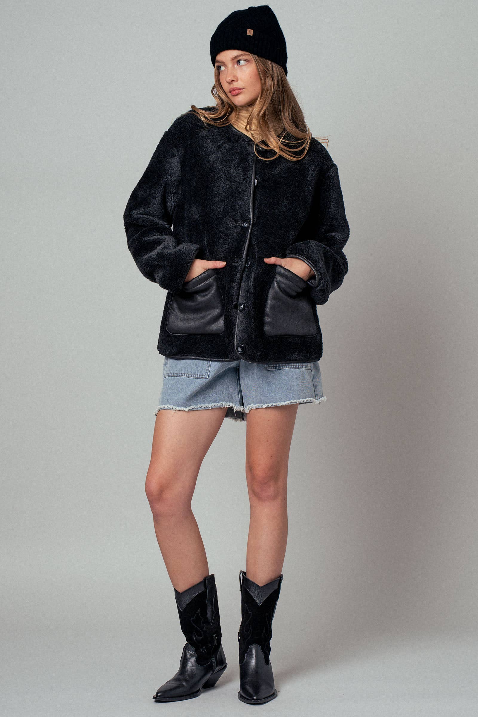Faux Shearling Jacket with Suede Pockets