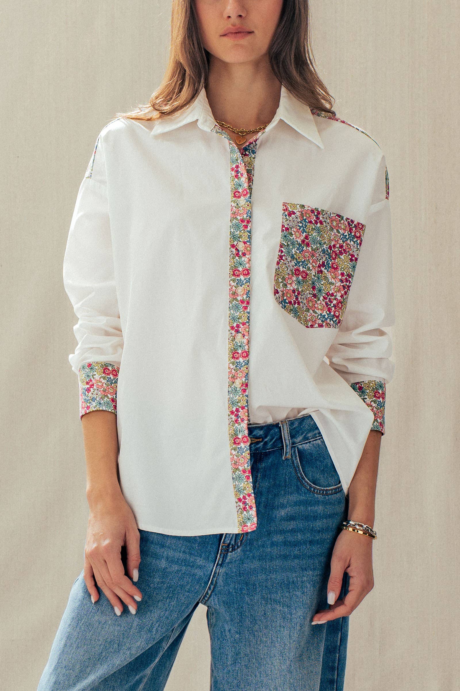 Floral Contrast Mixed Print Striped Shirt