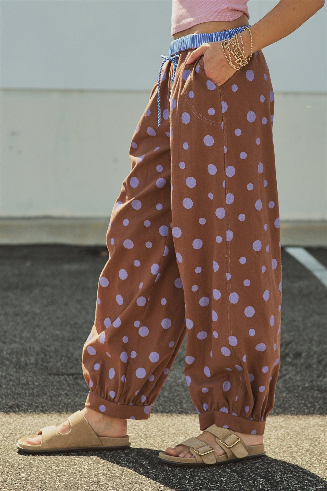 Retro Candy Pop Polka Dot Pants in BROWN BLUE - Women's Pants | Urban Daizy