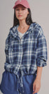Plaid Flannel Hooded Shirt Jacket with Drawstring Hem in NAVY - Women's Shirts & Blouses | Urban Daizy