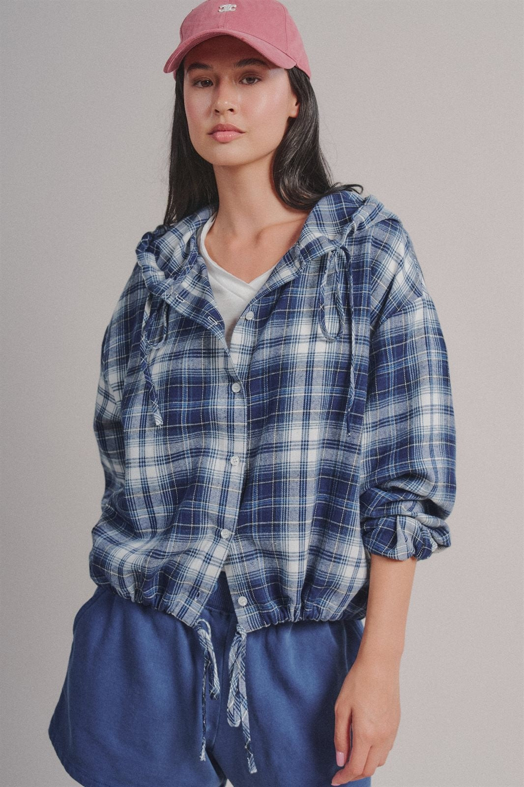 Plaid Flannel Hooded Shirt Jacket with Drawstring Hem in NAVY - Women's Shirts & Blouses | Urban Daizy