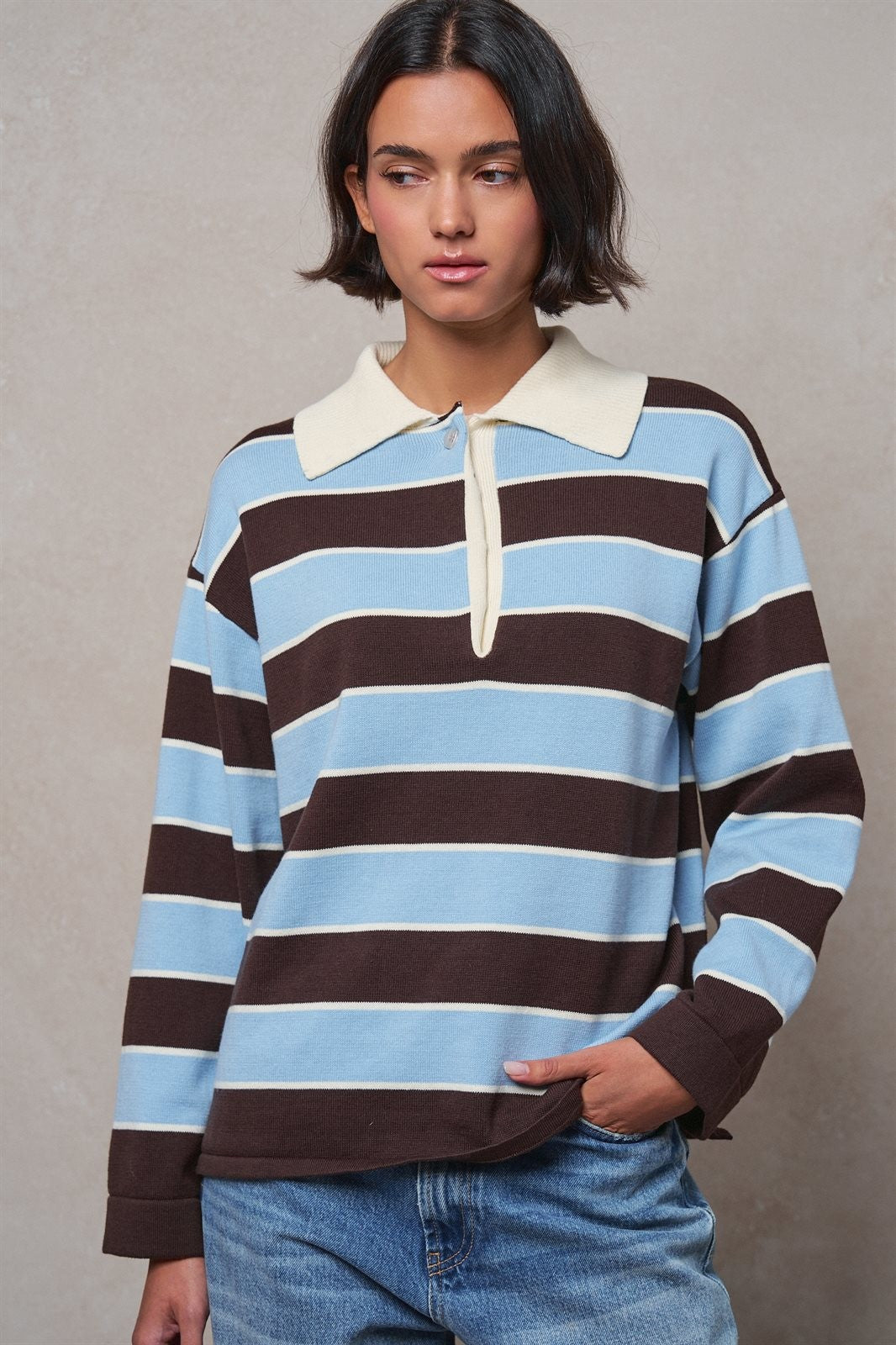 Striped Knit Rugby Polo Sweater in BROWN BLUE - Women's Sweaters | Urban Daizy