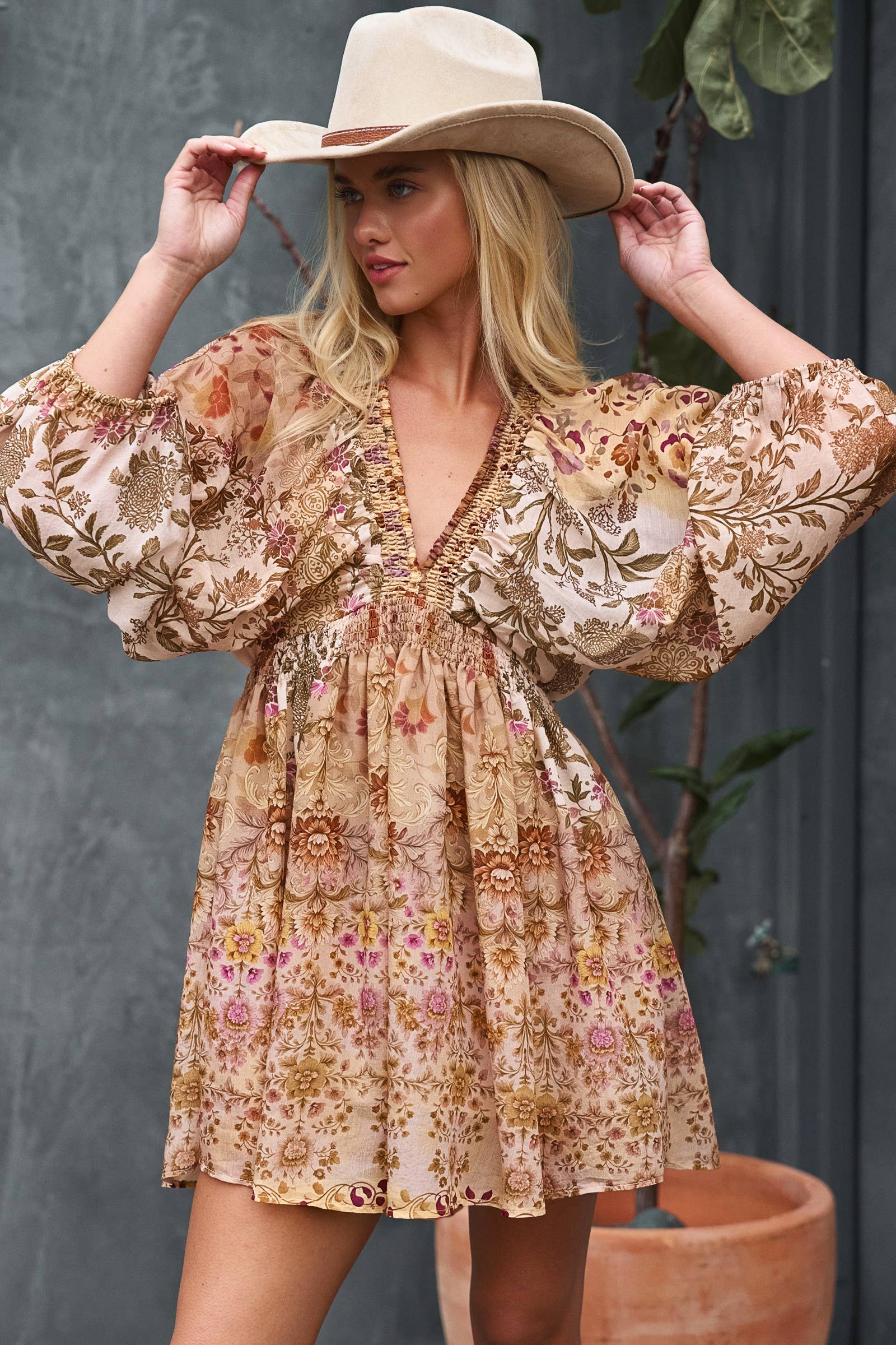 Urban Daizy Mixed-Print Boho Smocked Waist Mini Dress Taupe-Multi Dress - Women's (UDZ-DR-00478) – alternate view 2