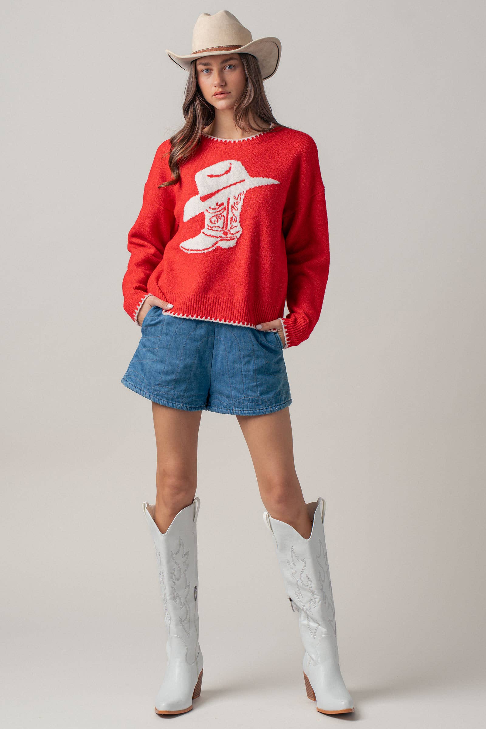 Urban Daizy Cowboy Boot Graphic Knit Sweater Red Knit Sweater - Women's (UDZ-KN-01040) – alternate view 7