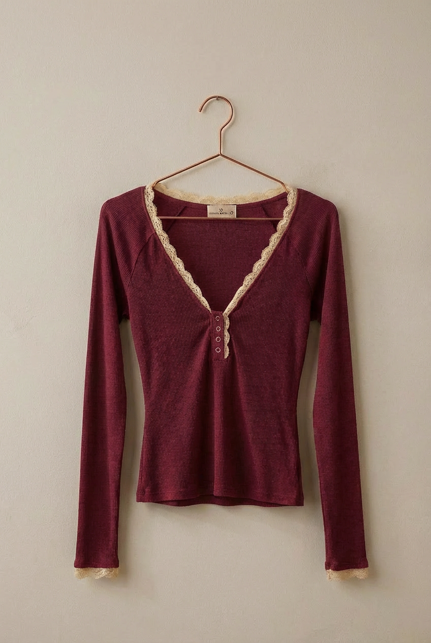 Lace Trim Slub Knit Henley Long Sleeve Top