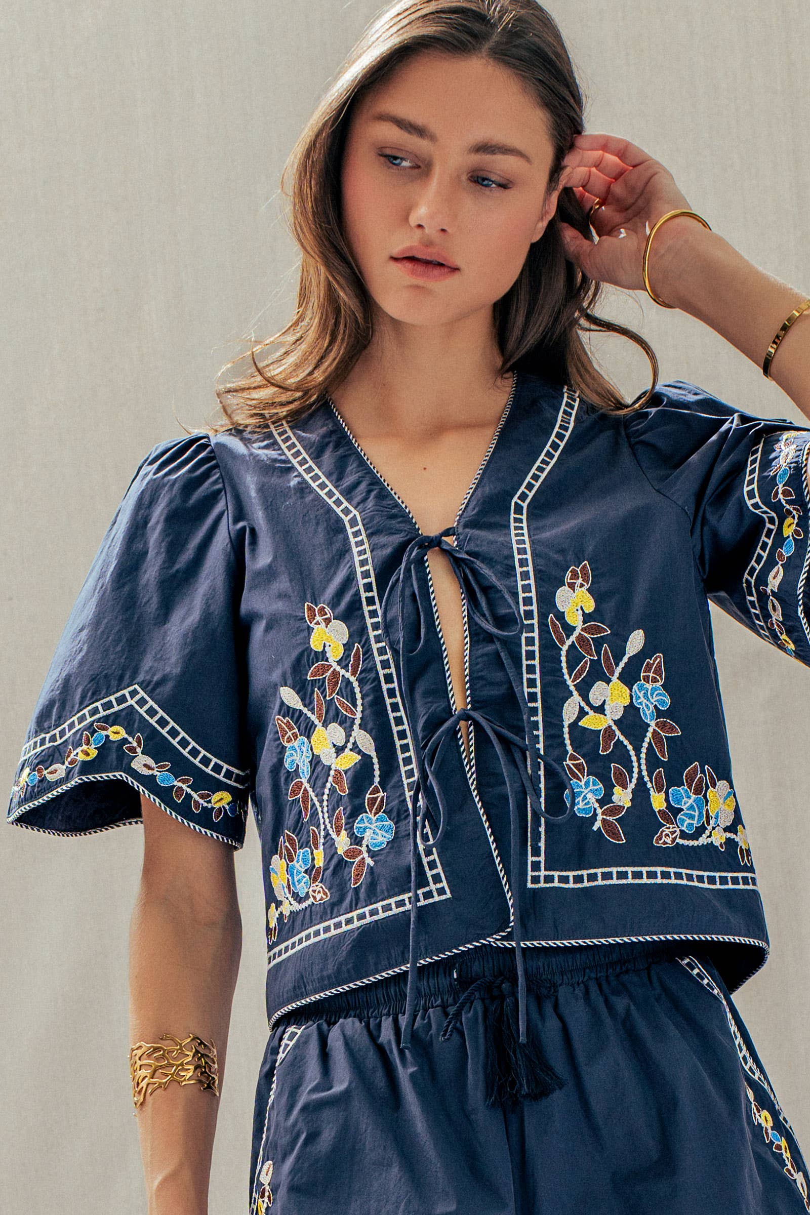 Floral Embroidered Tie Front Cotton Top