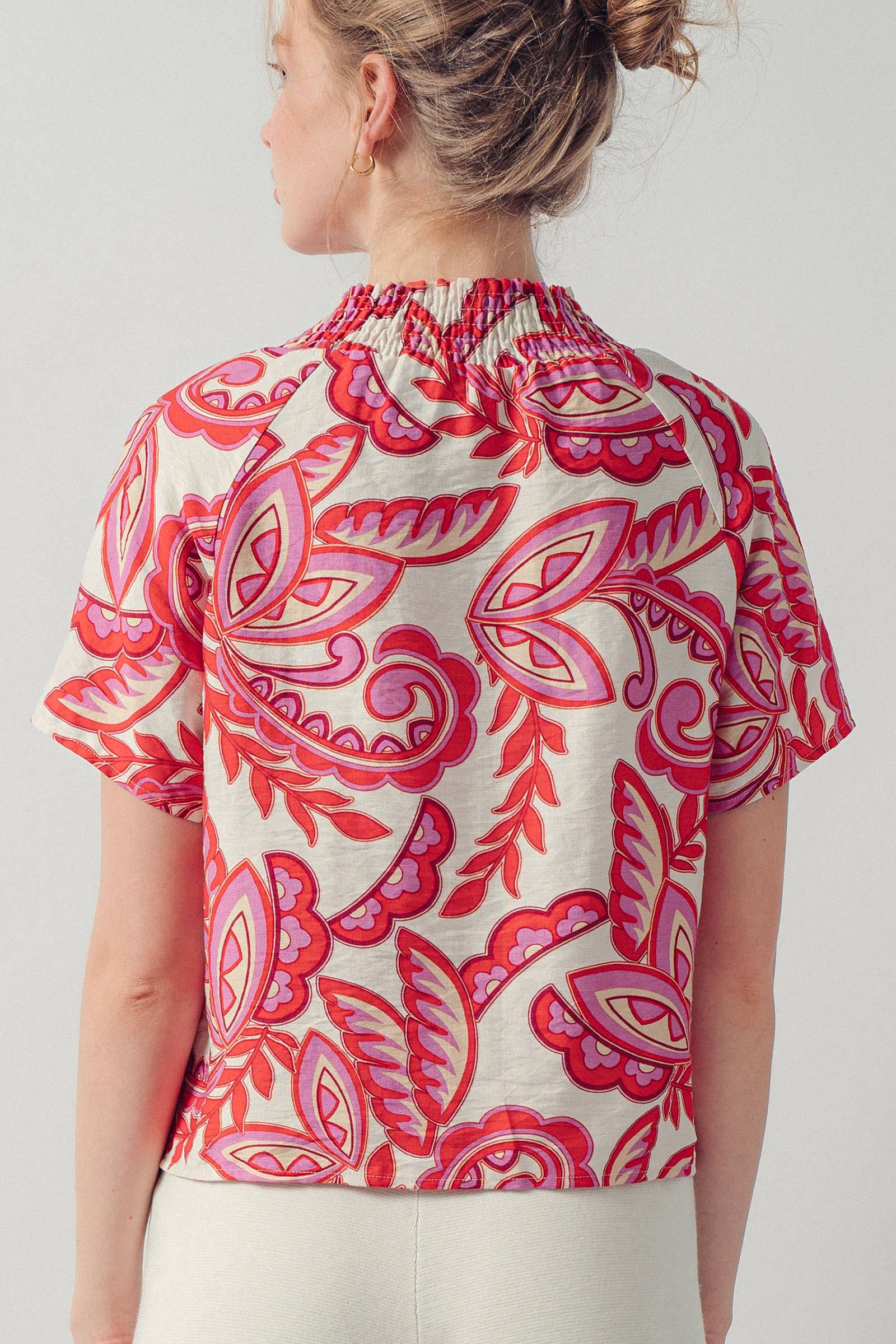 Paisley Smocked High-Neck V-Neck Blouse