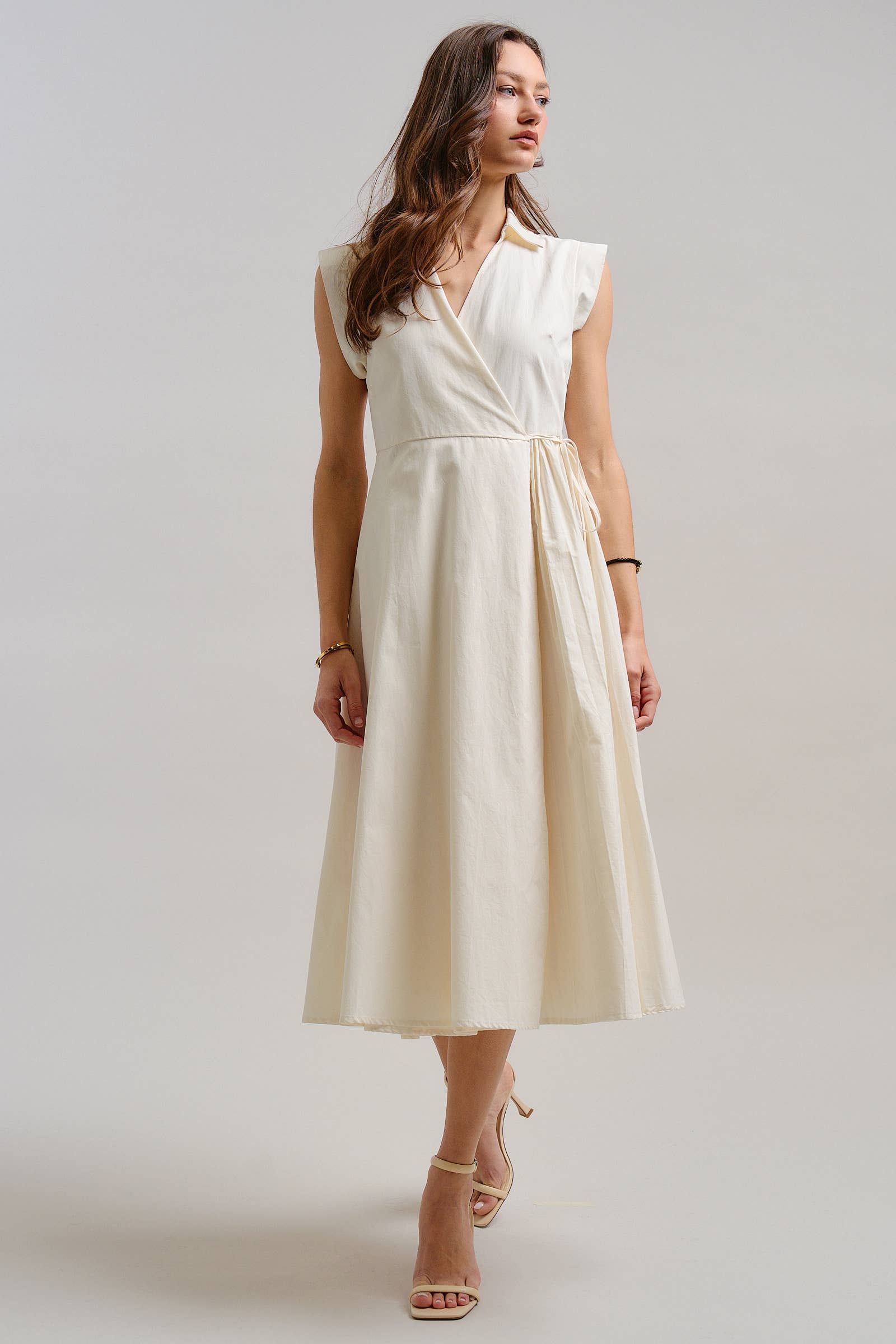Collared Cap Sleeve Wrap Midi Dress