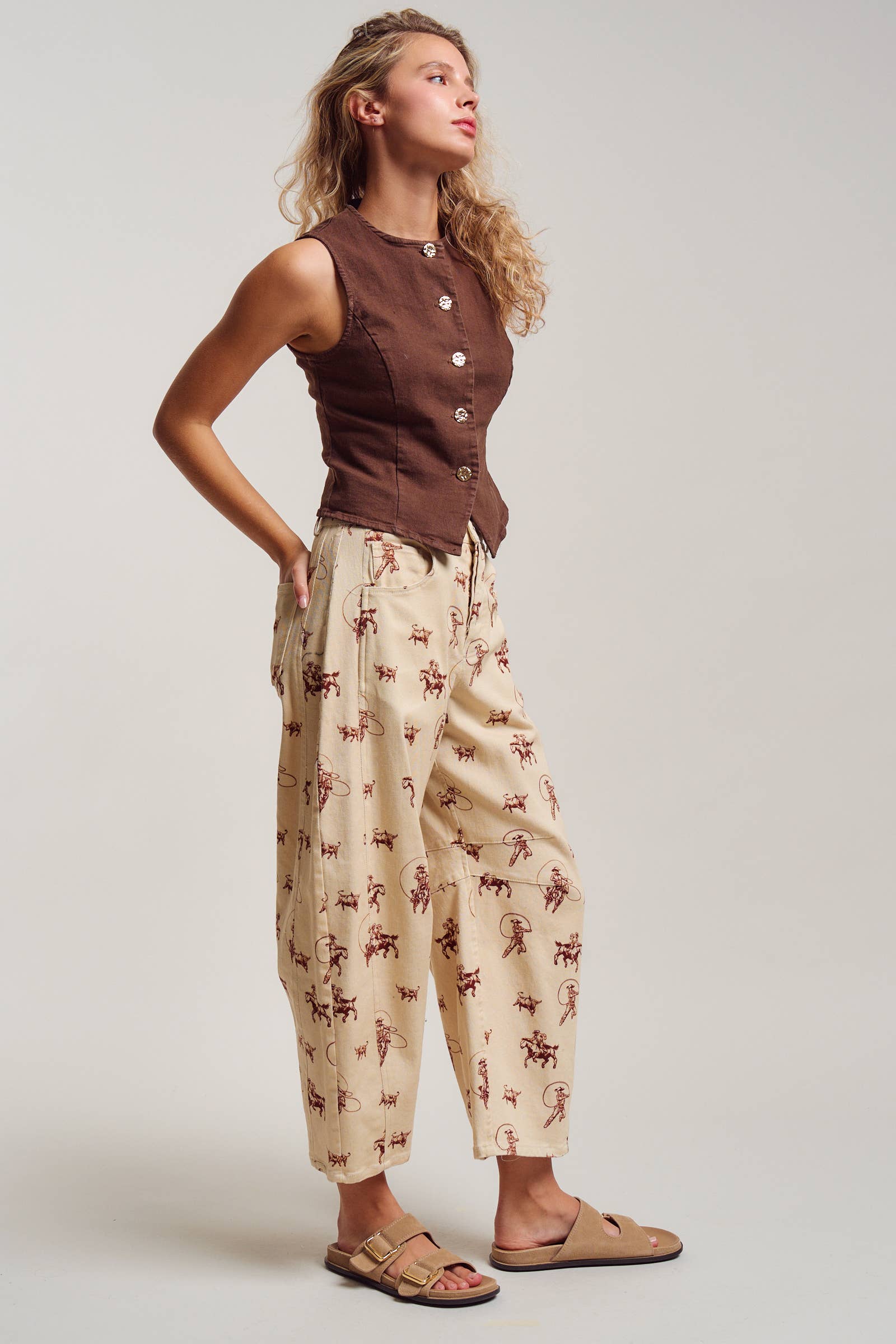 Urban Daizy Western Toile Print Barrel Leg Stretch Pants Lt-Khaki Pants - Women's (UDPT0076-Lt-Khaki) – alternate view 10