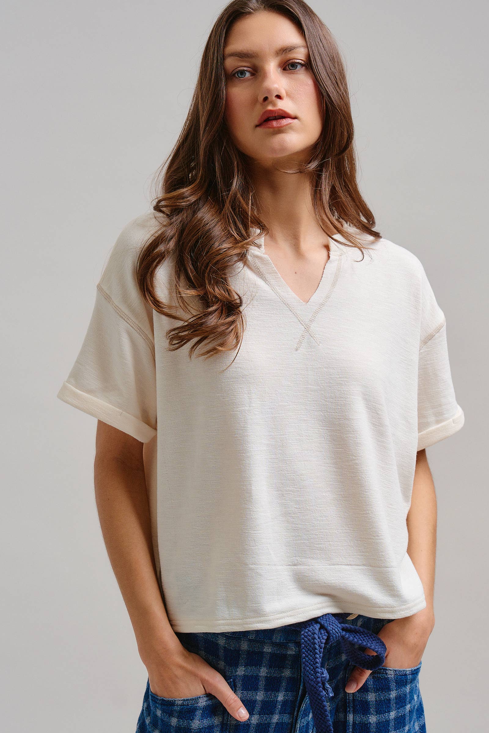 Urban Daizy Short Sleeve Notch Neck Boxy Lounge Tee Ivory Lounge Top - Women's (TNTP4007-Ivory) – alternate view 2