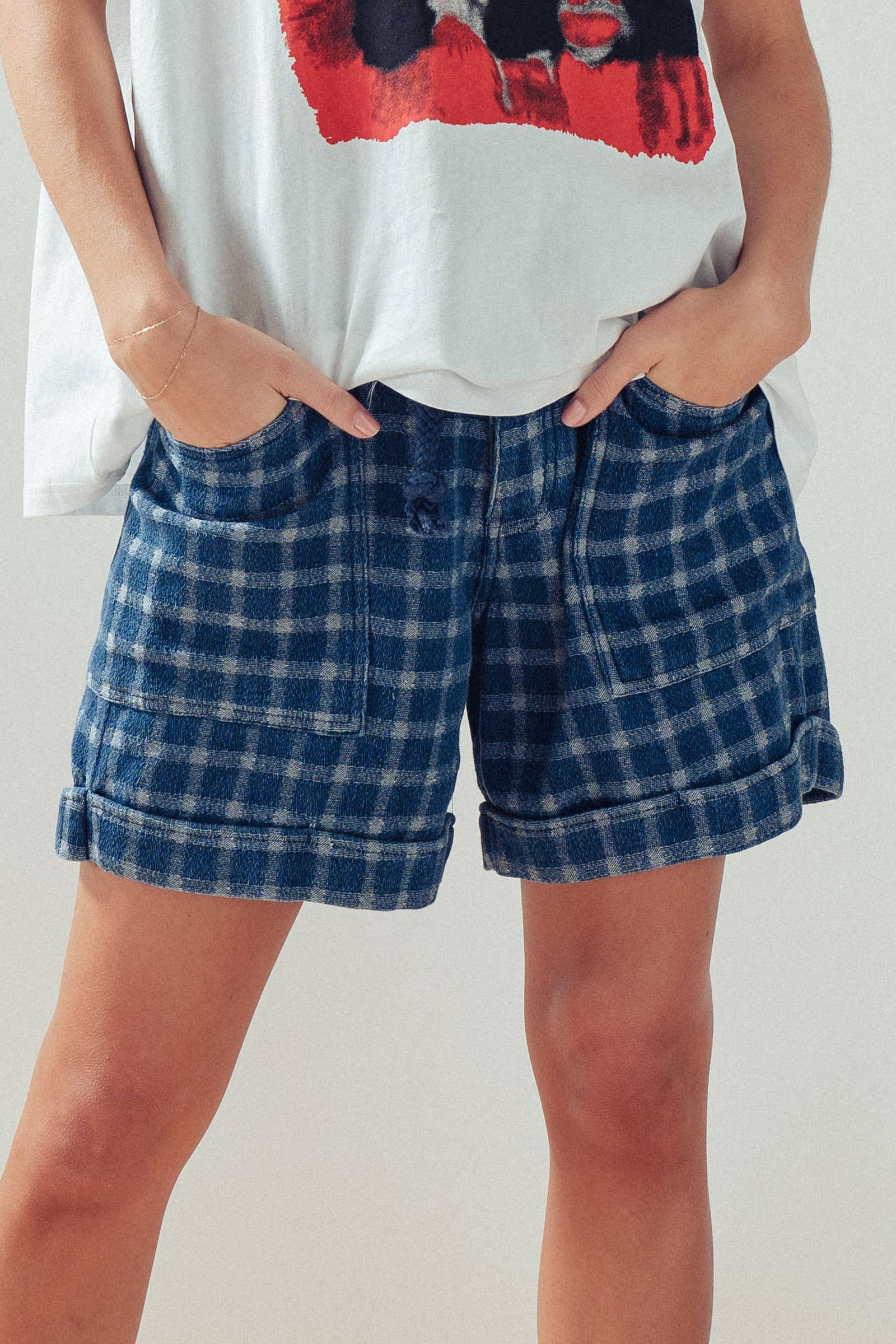 Urban Daizy Plaid Cotton Blend Shorts Rope Drawstring Blue Shorts - Women's (UDZ-PT-00480)