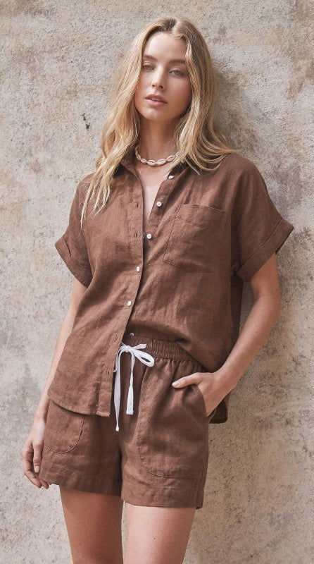 Coastal Ease Linen Short Sleeve Shirt in BROWN - Women's Tops | Urban Daizy