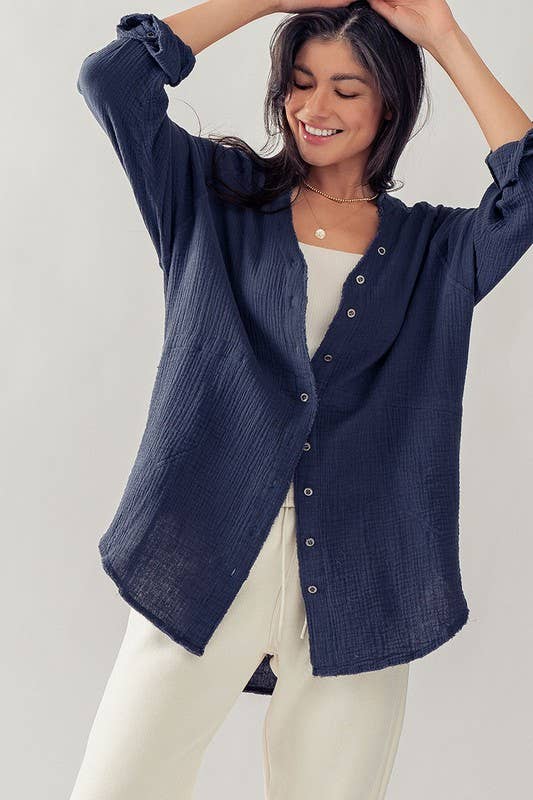 Urban Daizy PREMIUM SOFT FRAYED HEM GAUZE VINTAGE WASHED SHIRT Forest-Green Button Down Shirt - Women's (UDZ-TP-00225) –…