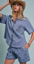 Sweet Cowgirl Boot Stitch Embroidered Shirt in BLUE - Women's Shirts & Blouses | Urban Daizy