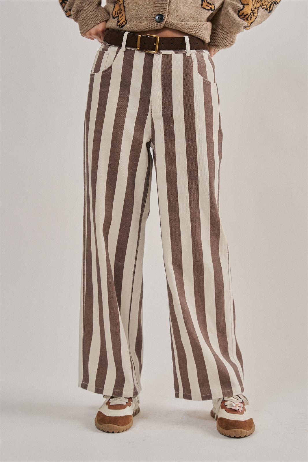 Striped Cropped Wide Leg Denim Pants