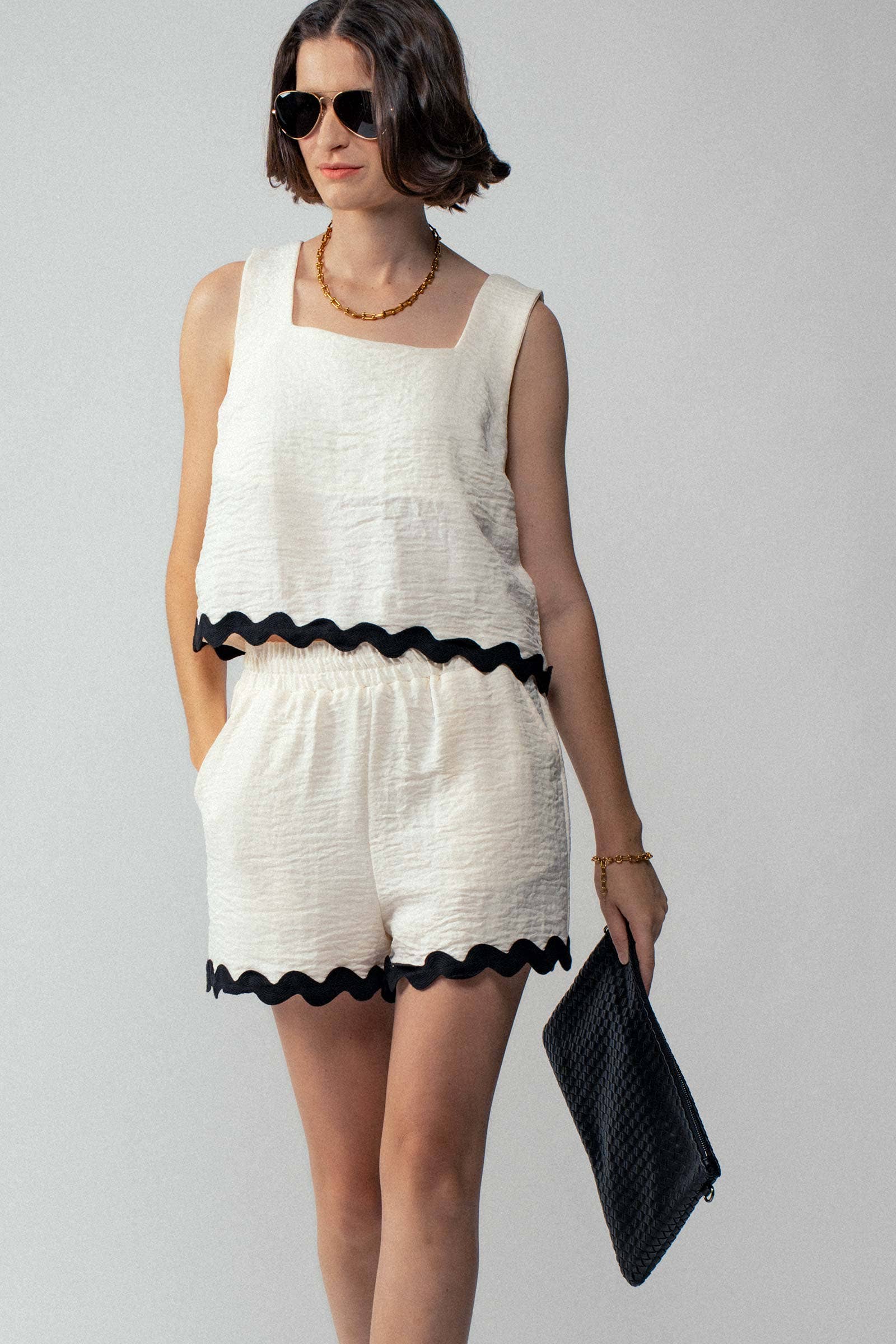 Wavy Trim Square Neck Tank and Shorts Summer Set