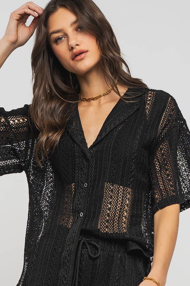 Urban Daizy Open Knit Button-Down Oversized Shirt Black Button Down Shirt - Women's (UDZ-TP-00111) – alternate view 10