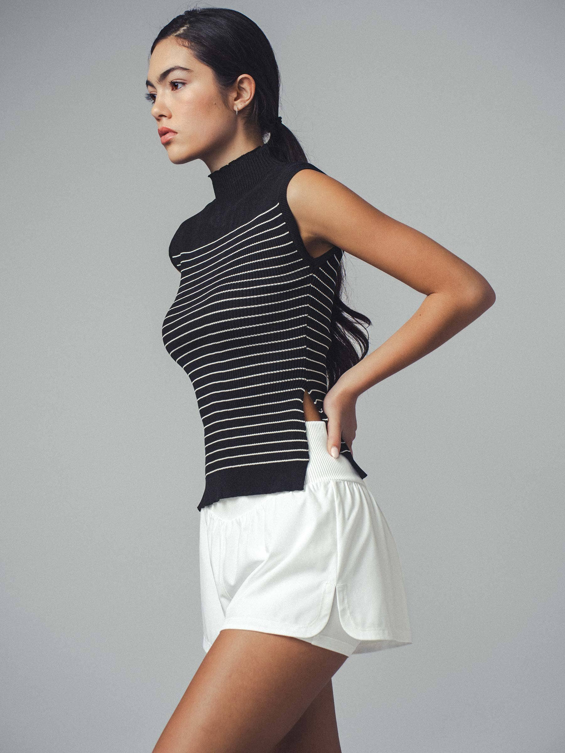 Urban Daizy Striped Ribbed Mock Neck Sleeveless Top Lt-Khaki Knit Top - Women's (UDZ-PT-00352) – alternate view 11