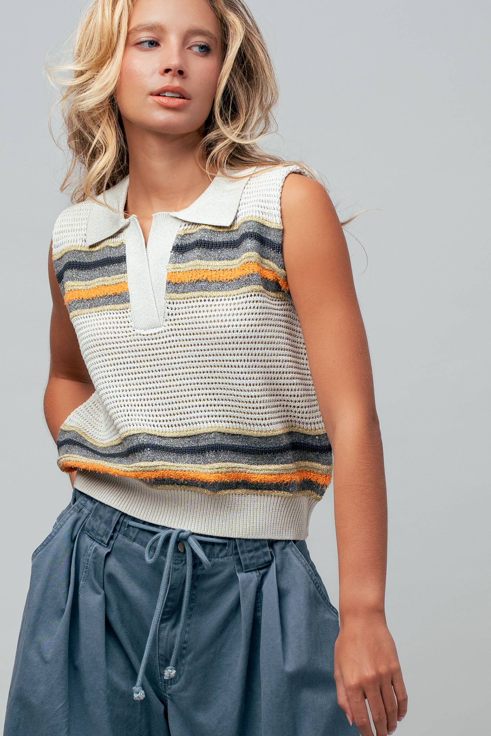 Textured Stripe Collared Open-Knit Vest