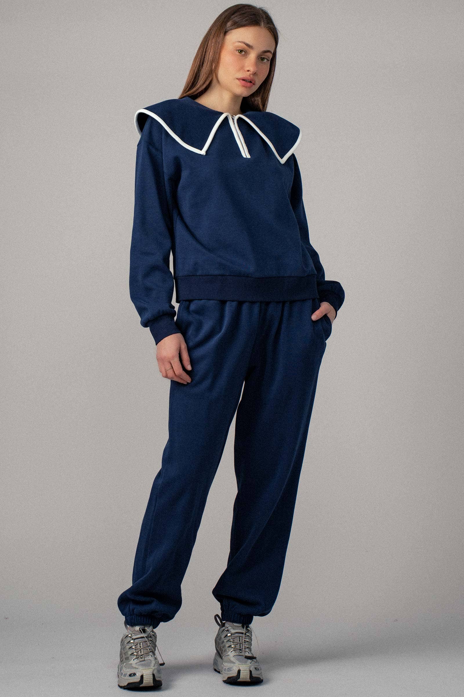 Urban Daizy Statement Sailor Collar Quarter Zip Lounge Set H-Grey Black Top & Pant Set (NOT Loungewear) - Women's… –…