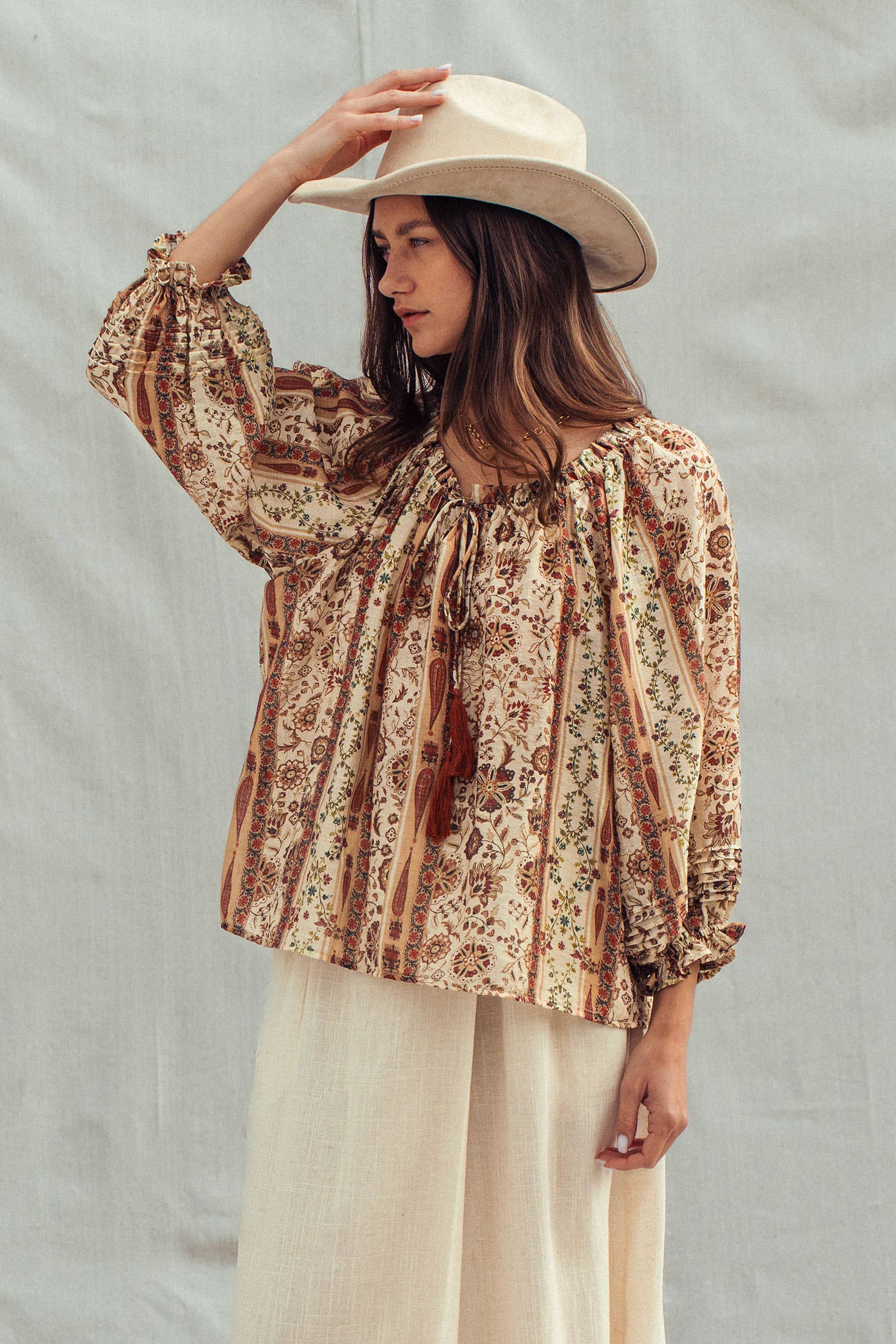 Urban Daizy Boho Off-Shoulder Floral Stripe Blouse Brown-Multi Blouse - Women's (UDZ-TP-01030) – alternate view 5