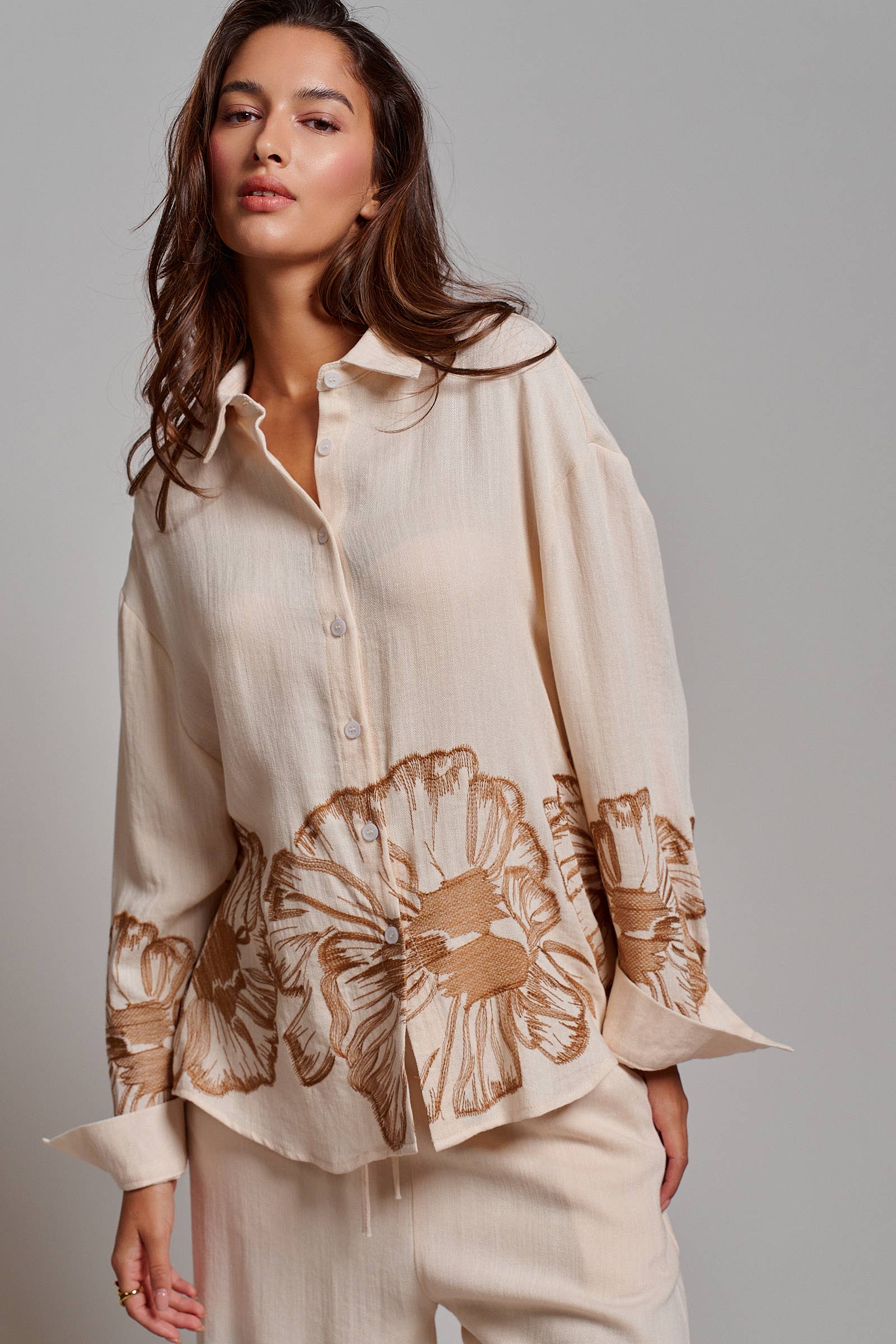 Floral Embroidered Oversized Button Down Shirt