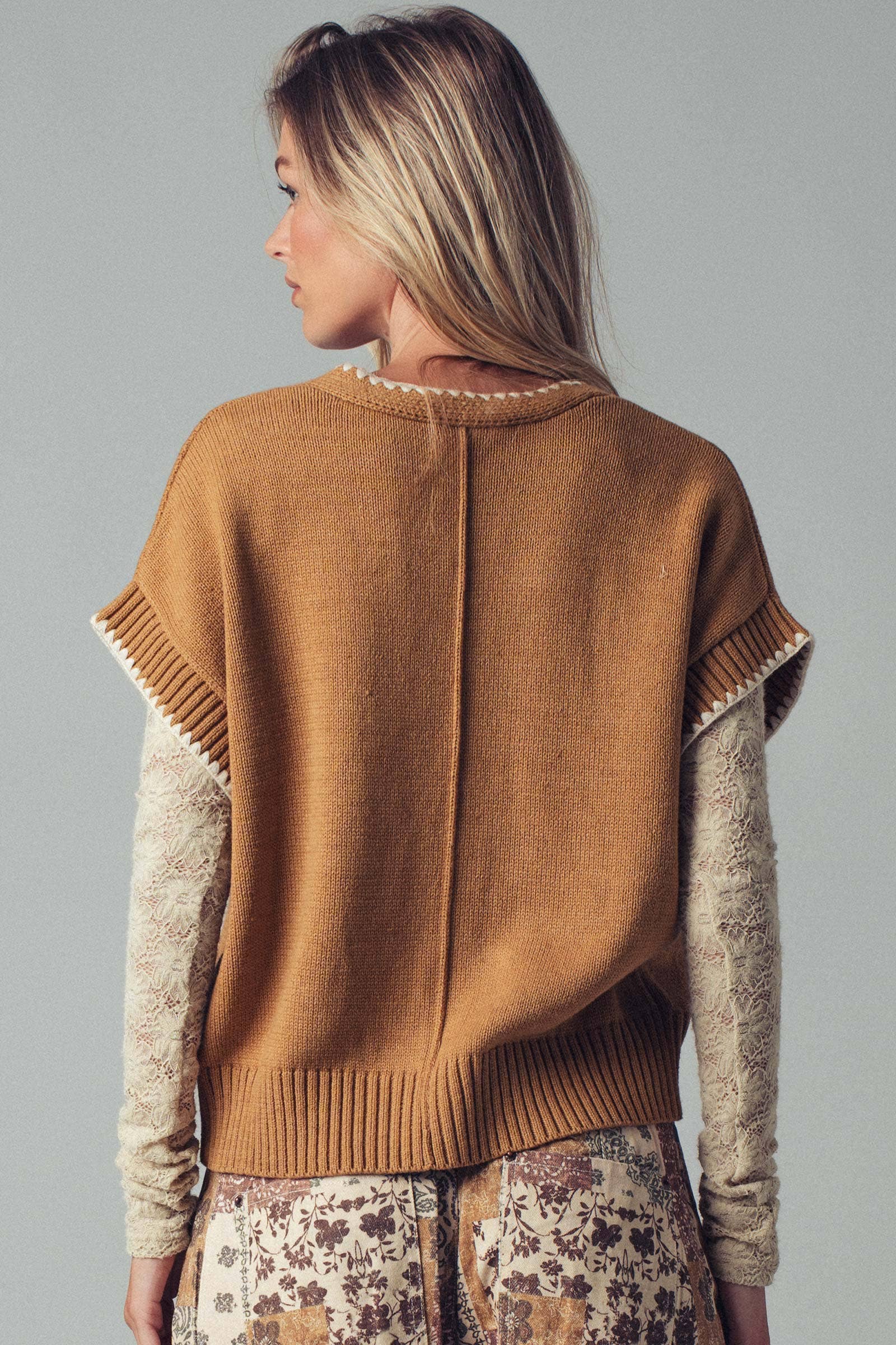 Crochet Trim Tie Front Knit Vest