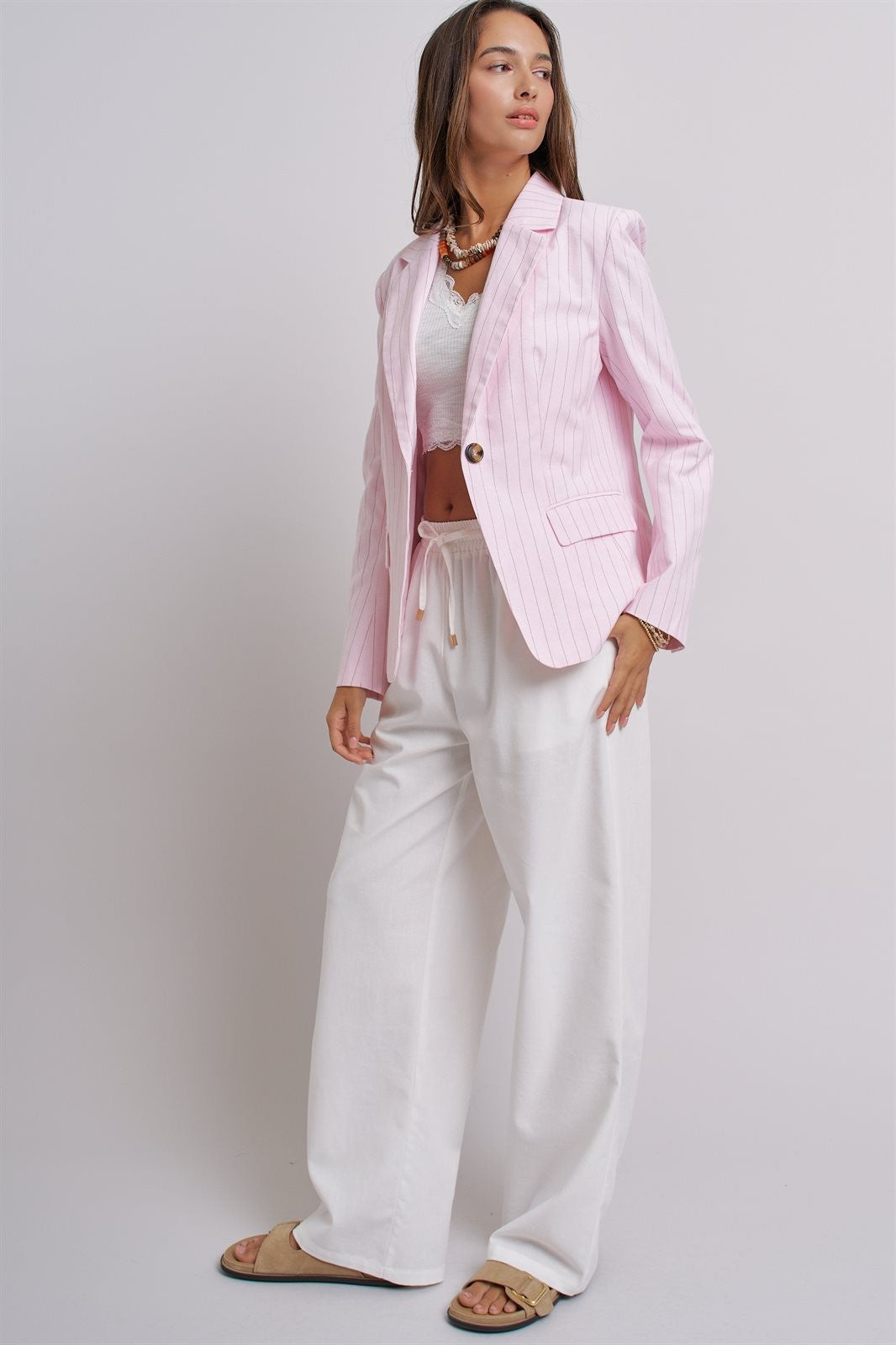 Pinstripe Single-Button Notch Lapel Blazer in LT PINK - Women's Fashion | Urban Daizy