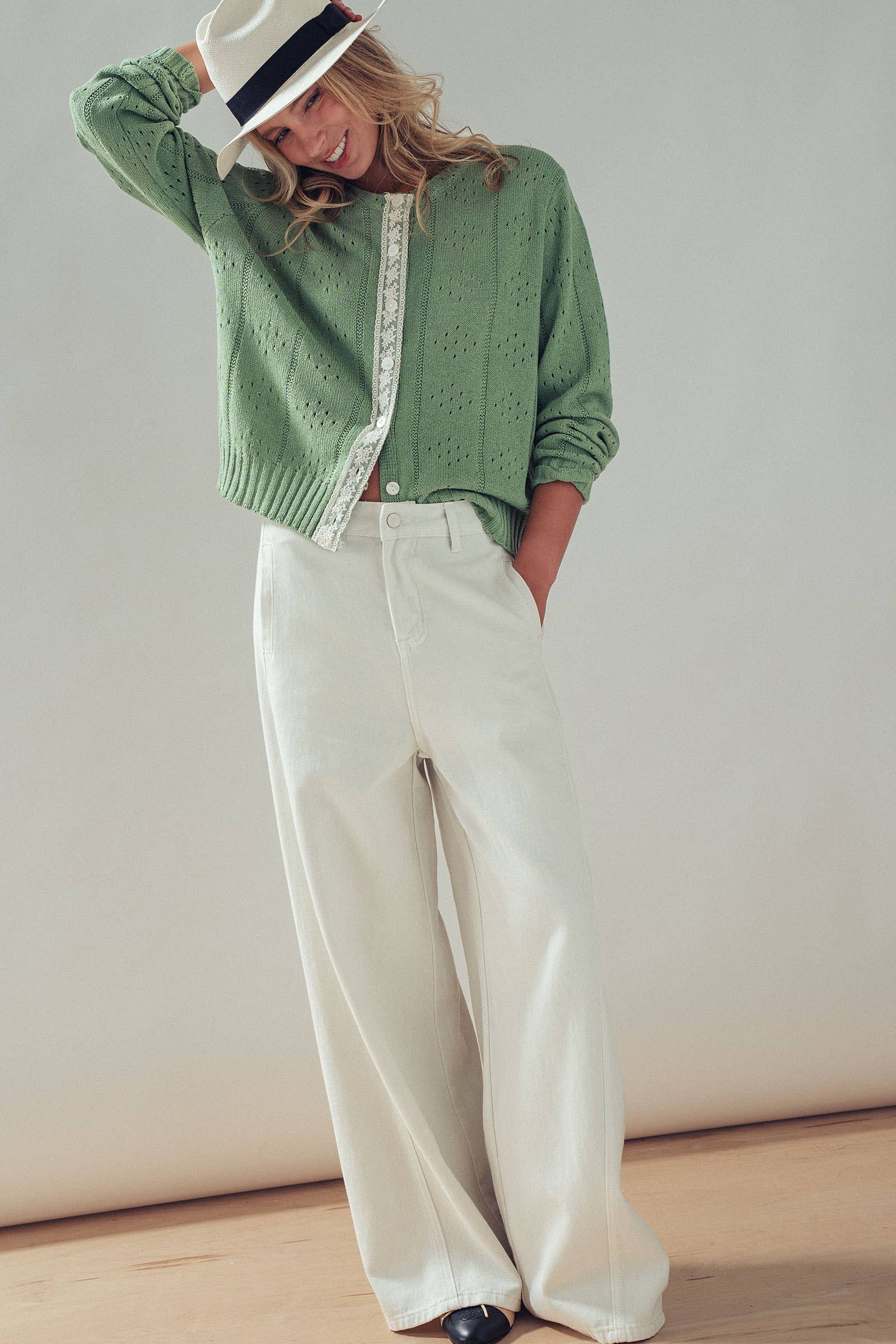 Urban Daizy Pointelle Knit Cardigan Lace Trim Button Down Green Cardigan - Women's (UDZ-KN-01051) – alternate view 14