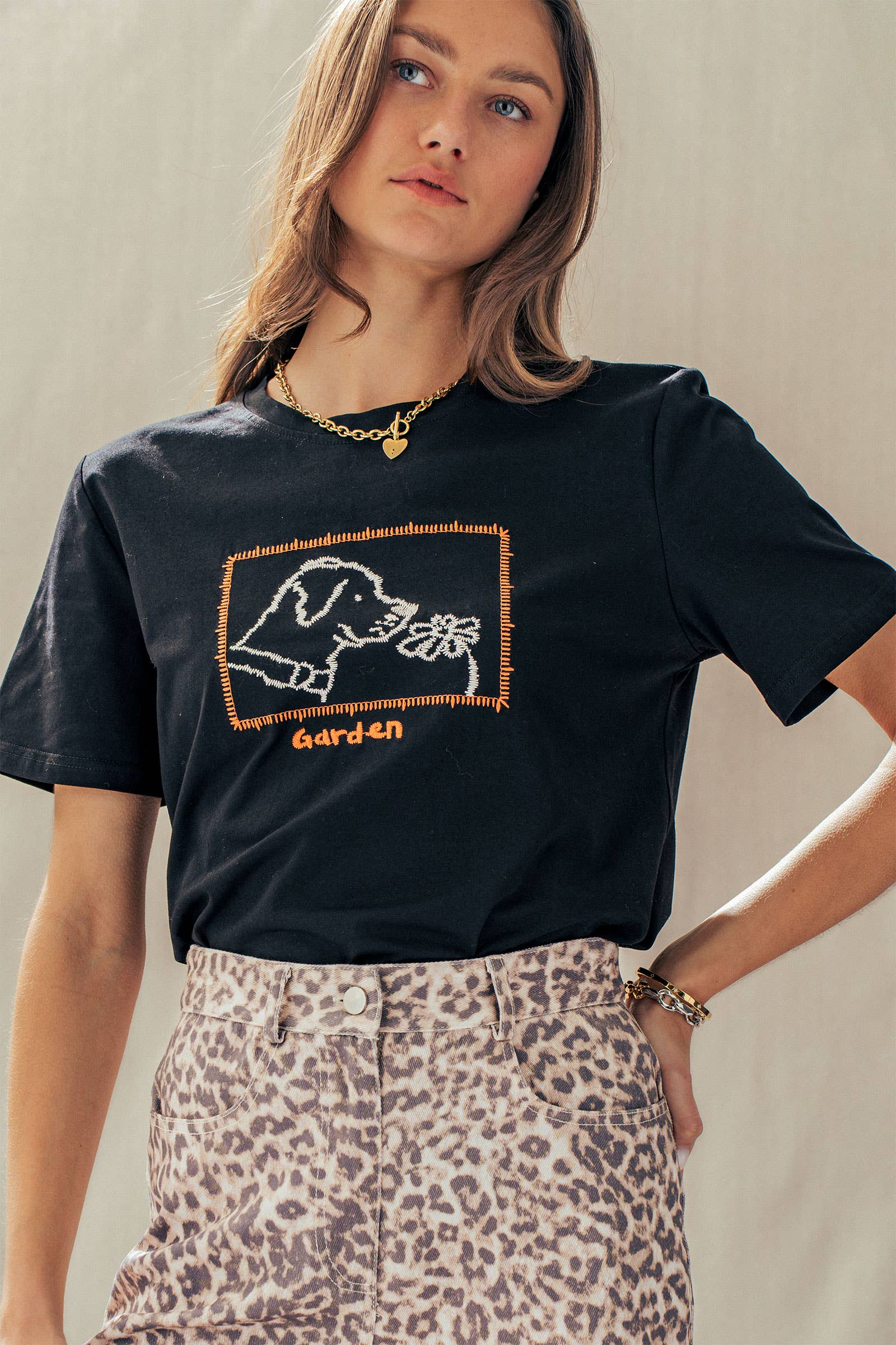 Whimsical Dog & Daisy Embroidered Cotton Tee